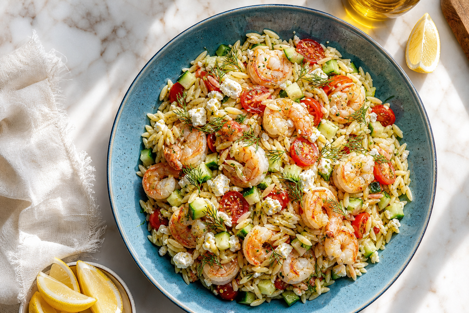 15 Pasta Salad Ideas for Summer Cookouts 24 Shrimp orzo pasta salad with feta, cucumber, dill, and lemon dressing in a blue bowl