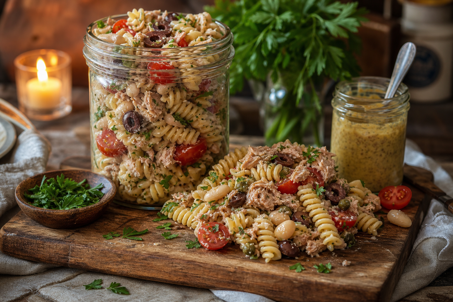 15 Pasta Salad Ideas for Summer Cookouts 25 Tuna and white bean fusilli pasta salad with capers and Dijon vinaigrette in a mason jar