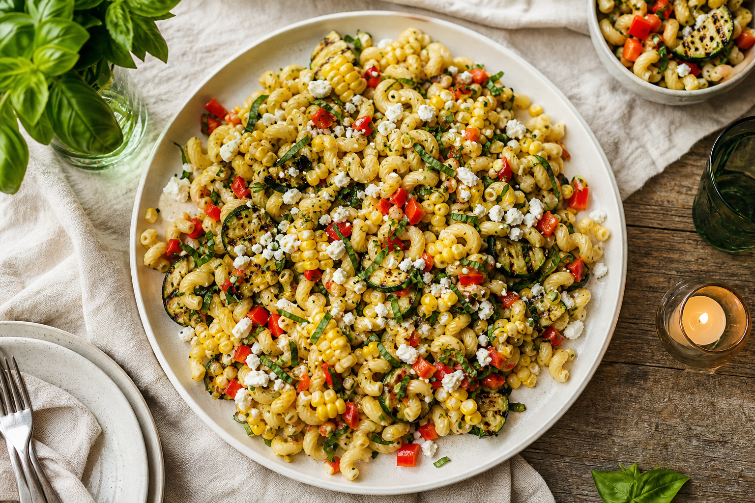 15 Pasta Salad Ideas for Summer Cookouts 26 Summer vegetable pasta salad with grilled zucchini, charred corn, and goat cheese