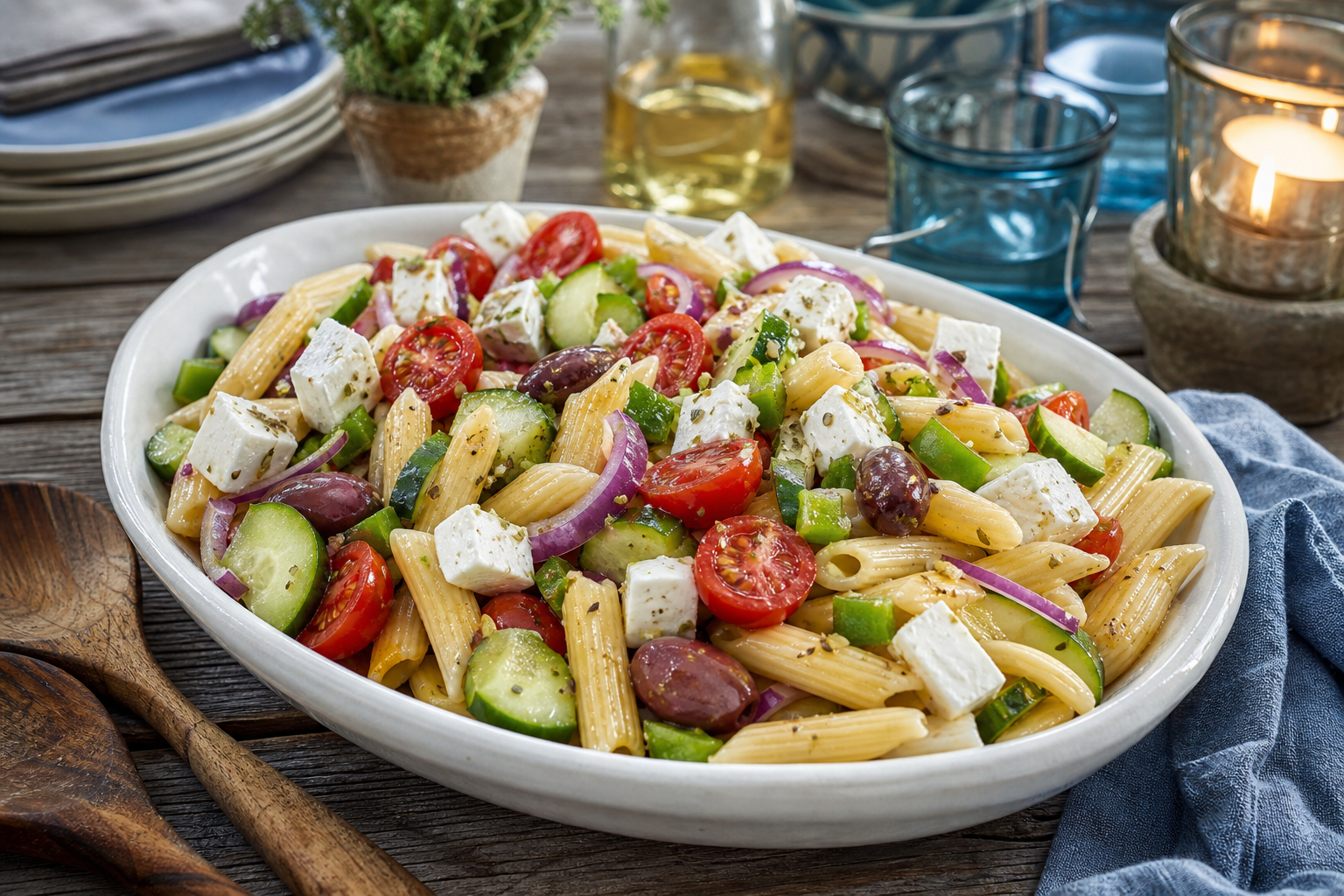 15 Pasta Salad Ideas for Summer Cookouts 27 Greek pasta salad with feta, Kalamata olives, cucumber, tomatoes, and red wine vinaigrette