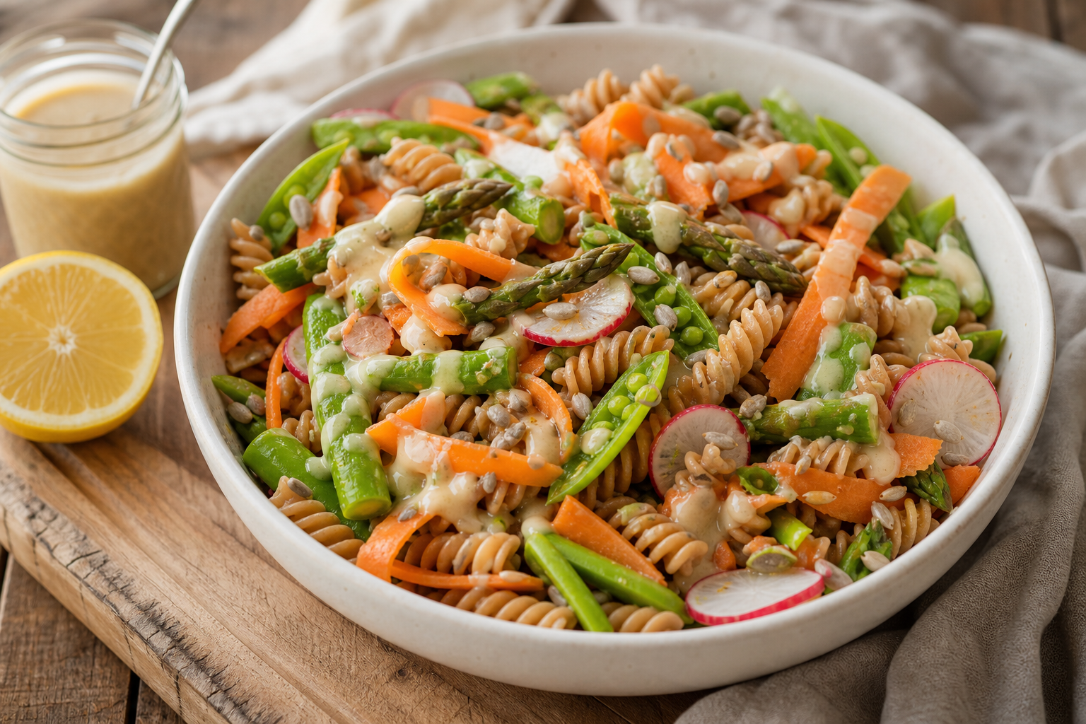 15 Pasta Salad Ideas for Summer Cookouts 28 Whole wheat rotini pasta salad with roasted asparagus, snap peas, and lemon tahini dressing