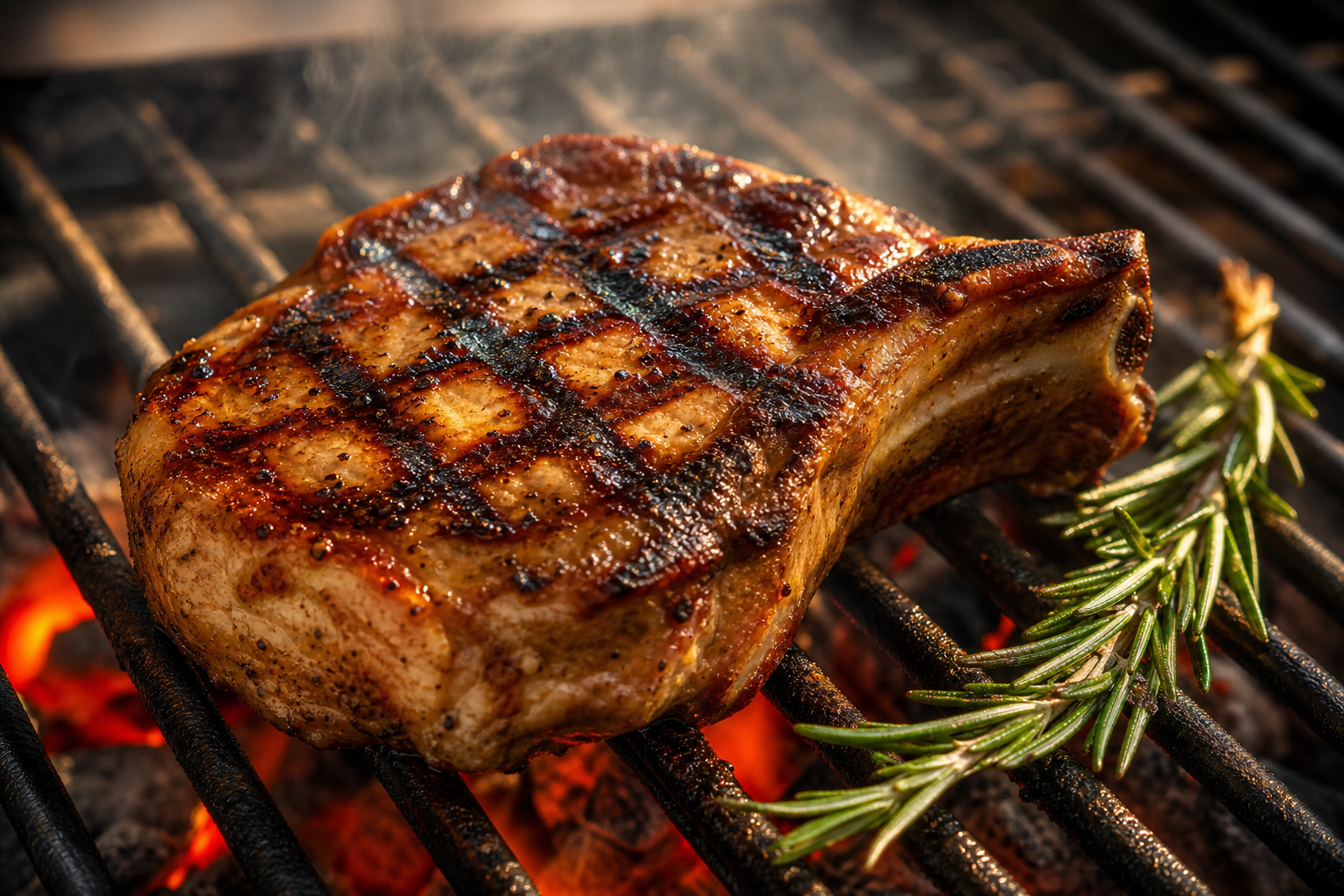 15 Juicy Pork Chop Dinner Ideas 23 Thick bone-in grilled pork chop with crosshatch char marks on hot grill grates with smoke