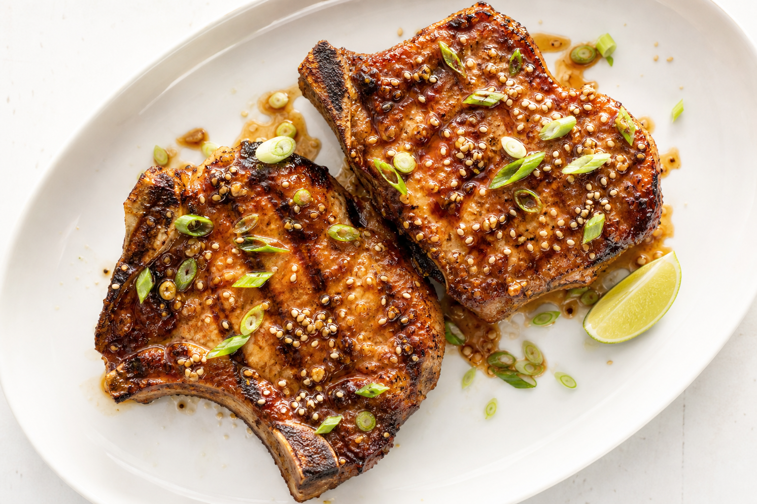 15 Juicy Pork Chop Dinner Ideas 24 Honey garlic glazed grilled pork chops with sesame seeds and scallions on white serving platter