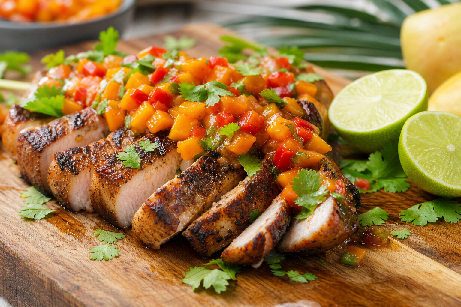 15 Juicy Pork Chop Dinner Ideas 25 Grilled pork chop sliced and topped with mango habanero salsa on wooden cutting board