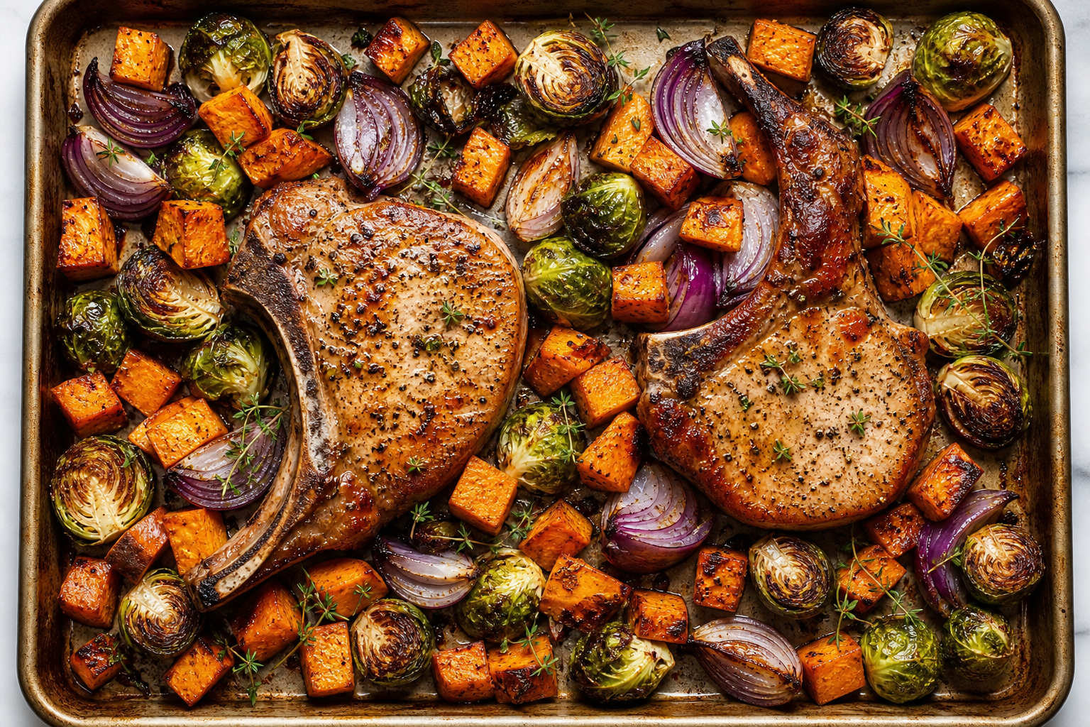 15 Juicy Pork Chop Dinner Ideas 29 Sheet pan pork chops with roasted Brussels sprouts sweet potato and red onion all caramelized