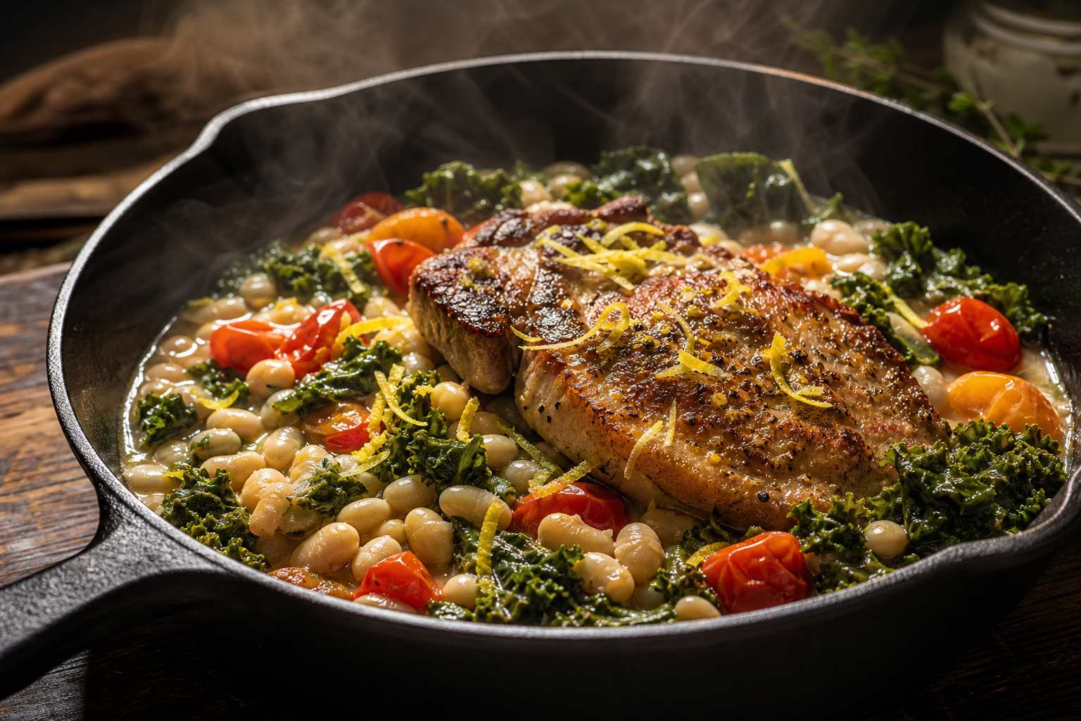 15 Juicy Pork Chop Dinner Ideas 30 Cast iron skillet pork chop with white beans kale and cherry tomatoes in light broth