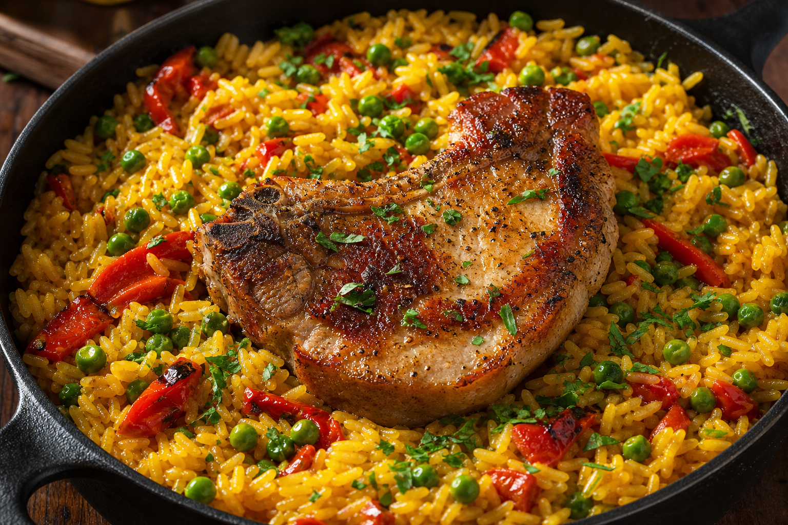 15 Juicy Pork Chop Dinner Ideas 31 One pan pork chop and saffron rice with peas and roasted red pepper in deep skillet
