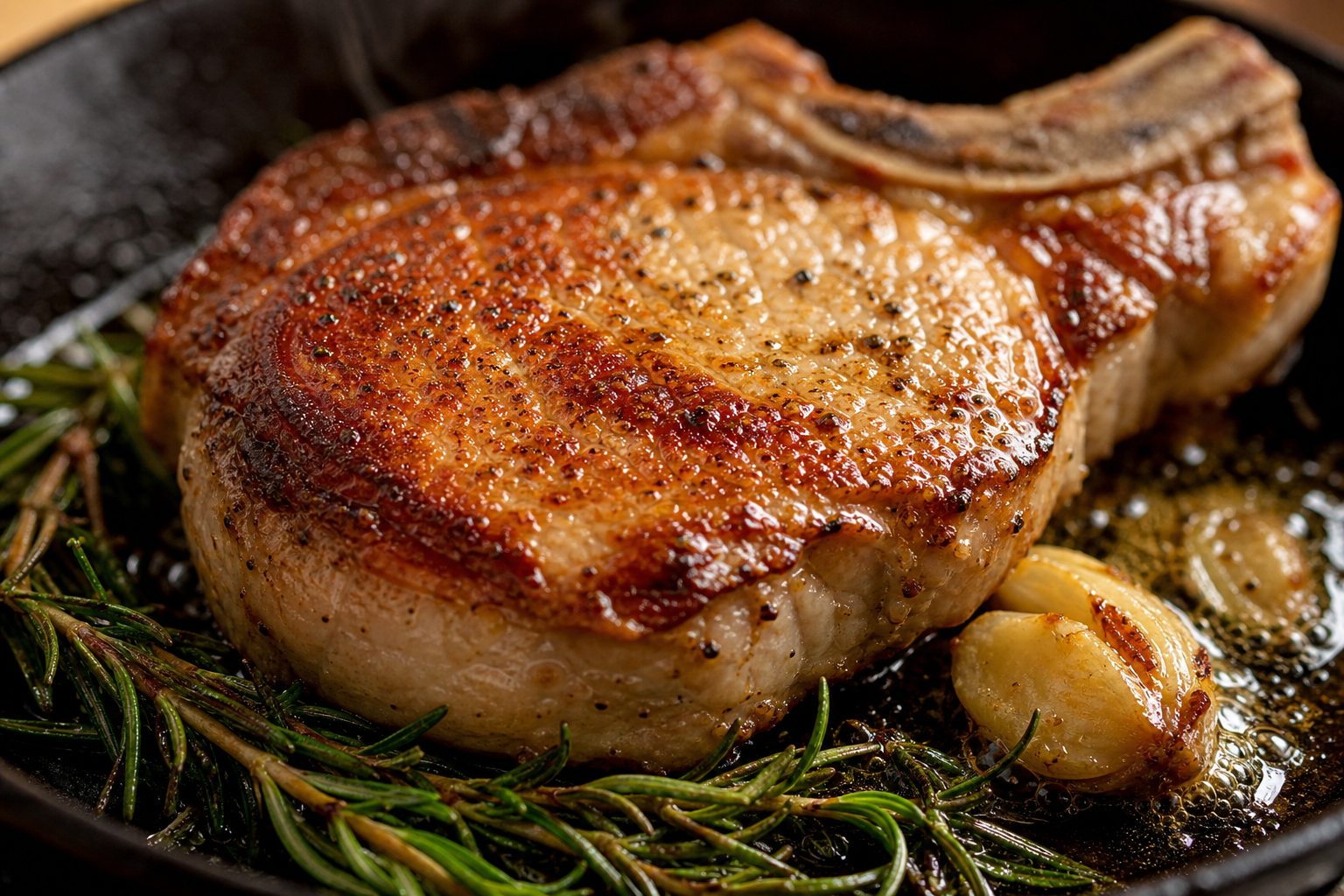 15 Juicy Pork Chop Dinner Ideas 17 Bone-in pan-seared pork chop with golden crust in cast iron skillet with garlic and rosemary
