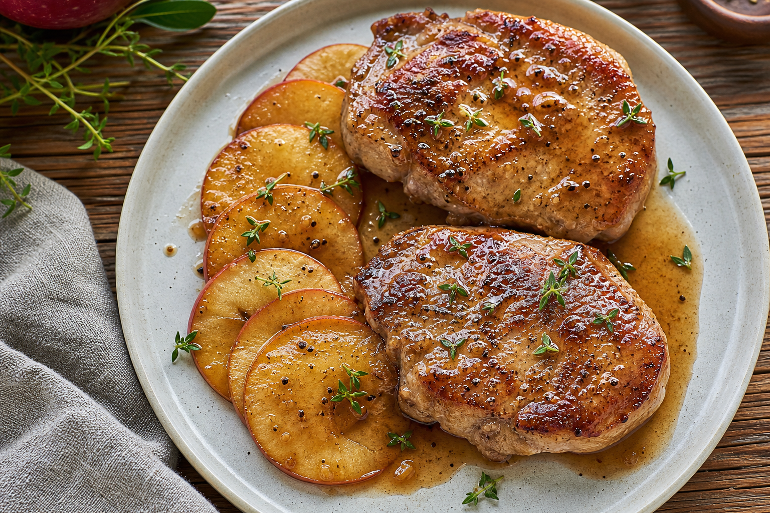 15 Juicy Pork Chop Dinner Ideas 18 Boneless pan-seared pork chops with apple cider pan sauce and fresh thyme on white plate