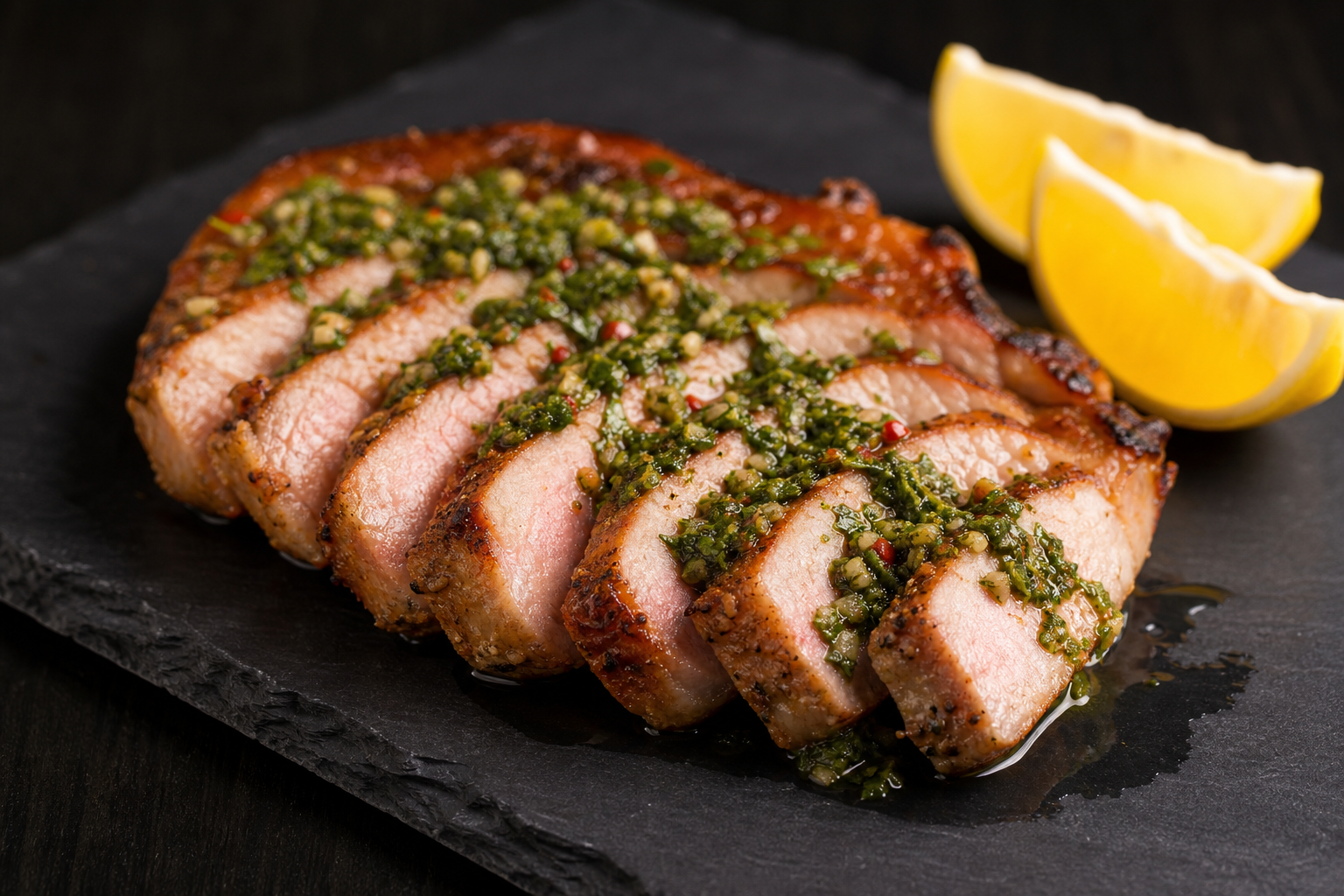 15 Juicy Pork Chop Dinner Ideas 19 Sliced pan-seared pork chop with herb chimichurri on dark slate board showing juicy pink interior