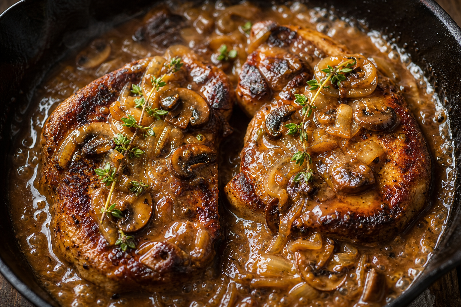 15 Juicy Pork Chop Dinner Ideas 26 Smothered pork chops in caramelized onion mushroom gravy bubbling in cast iron skillet