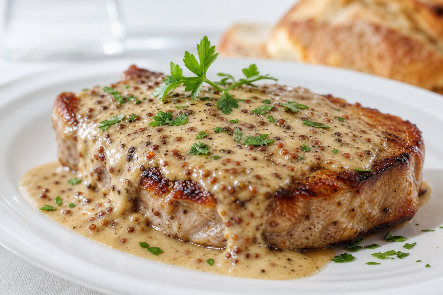 15 Juicy Pork Chop Dinner Ideas 27 Smothered pork chop in creamy dijon mustard sauce with parsley garnish on white plate