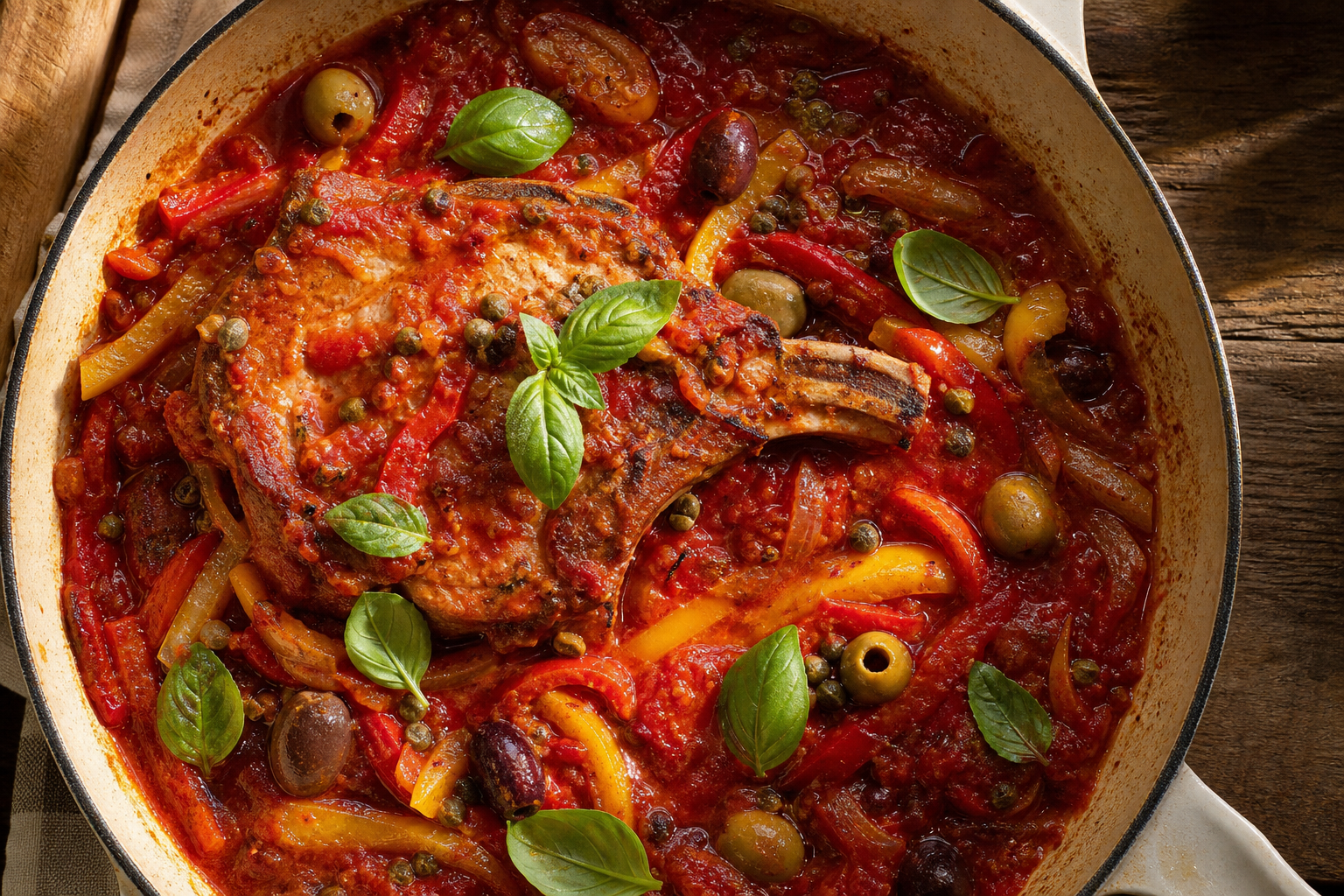 15 Juicy Pork Chop Dinner Ideas 28 Pork chop in tomato bell pepper sauce with olives capers and fresh basil in braising pan
