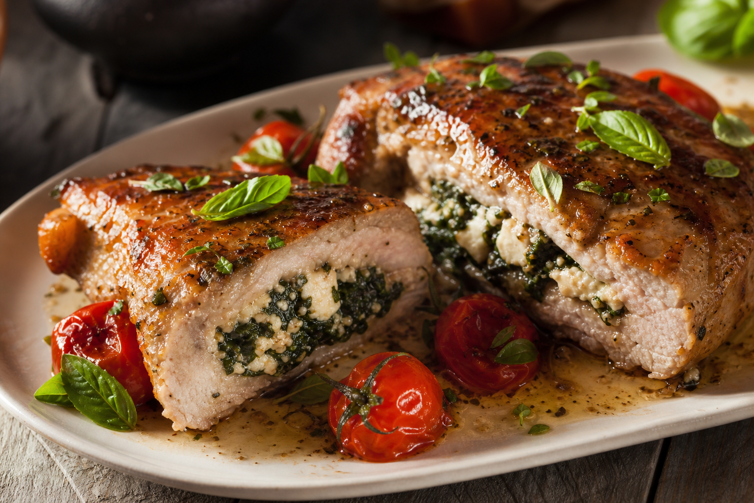 15 Juicy Pork Chop Dinner Ideas 20 Stuffed pork chop cut open showing spinach and feta filling with roasted cherry tomatoes