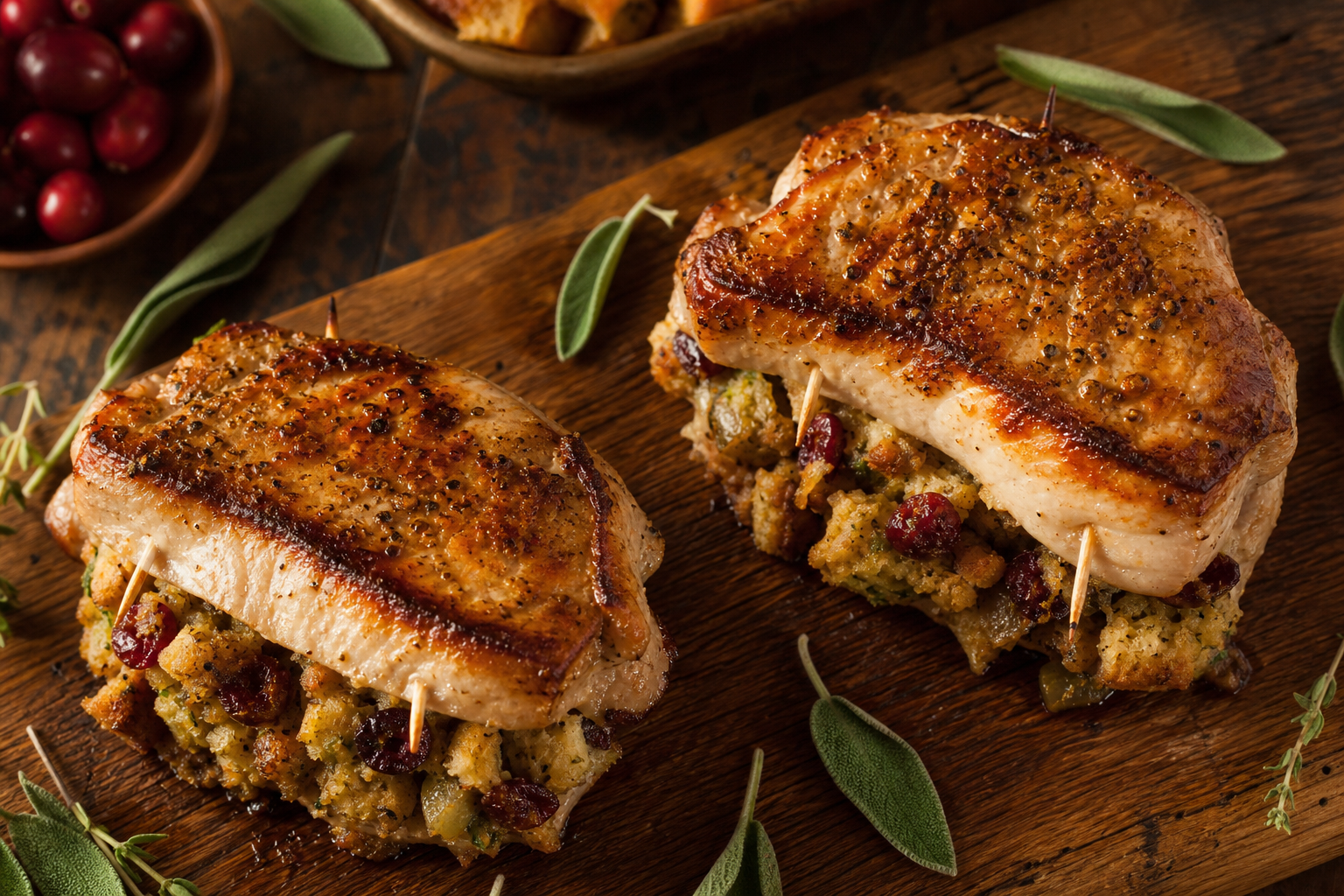 15 Juicy Pork Chop Dinner Ideas 21 Stuffed pork chops with cornbread dressing and cranberry filling on rustic wooden board