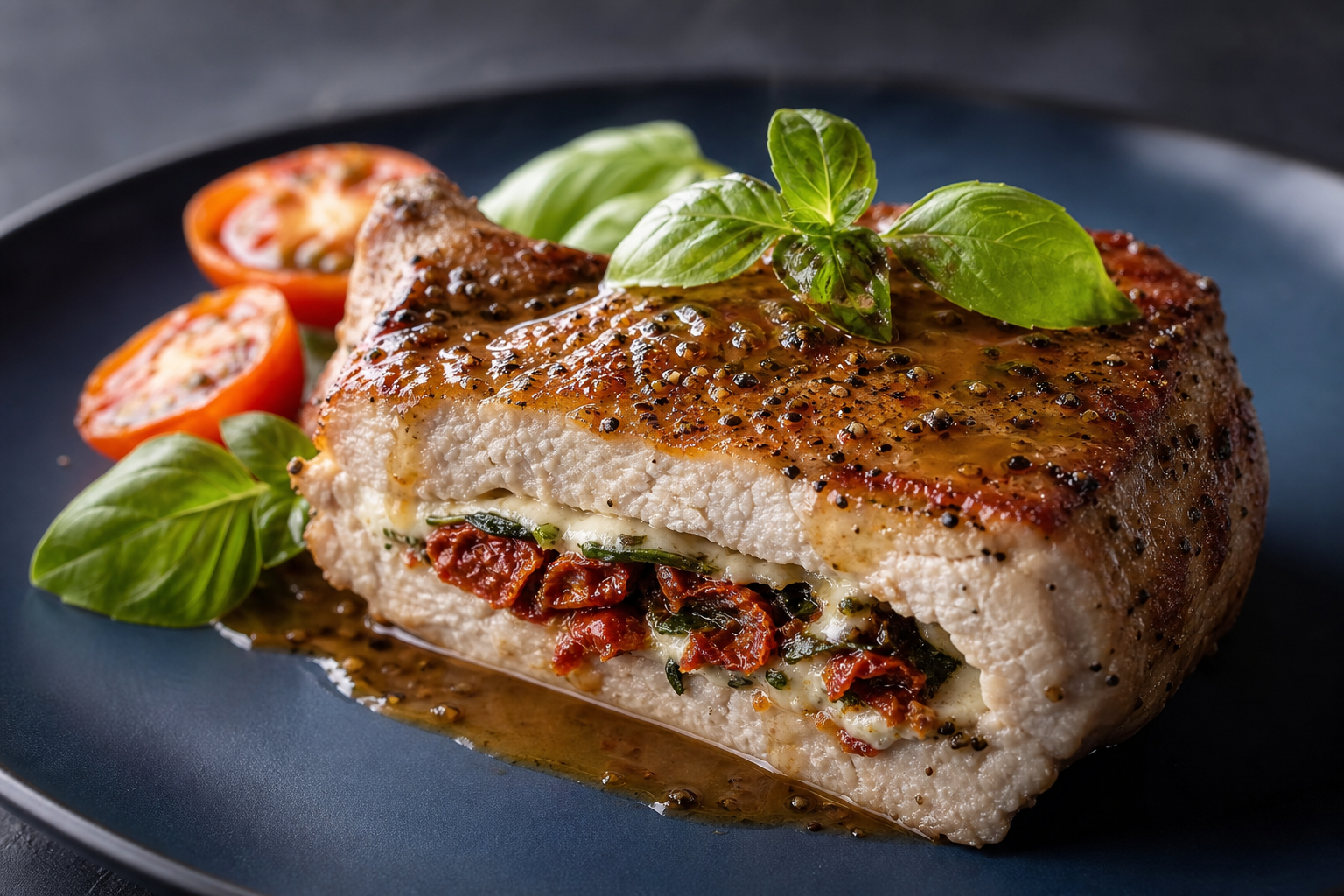 15 Juicy Pork Chop Dinner Ideas 22 Stuffed pork chop with sun-dried tomato mozzarella and basil filling on dark blue plate