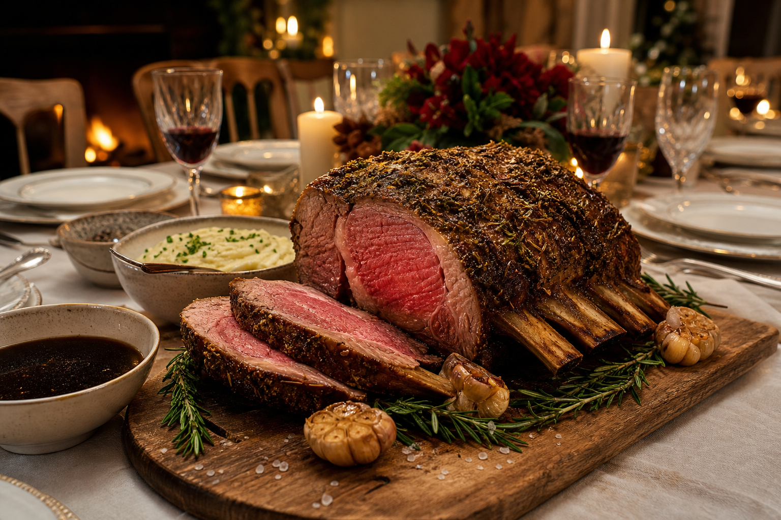 10 Show-Stopping Prime Rib Dinner Ideas 12 Bone-in prime rib roast sliced on a wooden board at a candlelit holiday dinner table