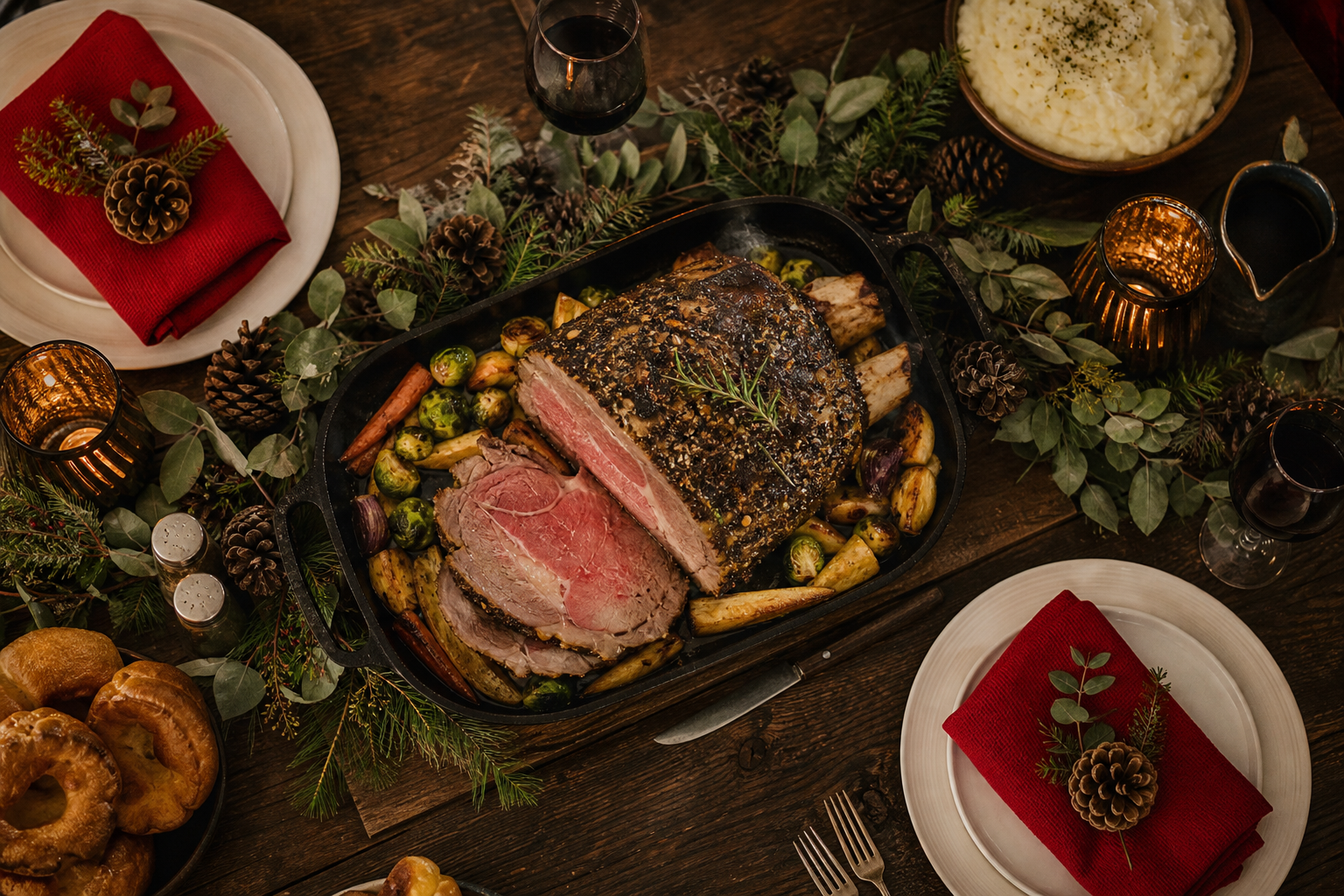 10 Show-Stopping Prime Rib Dinner Ideas 13 Rustic Christmas prime rib roast in cast iron pan with roasted root vegetables on farmhouse table