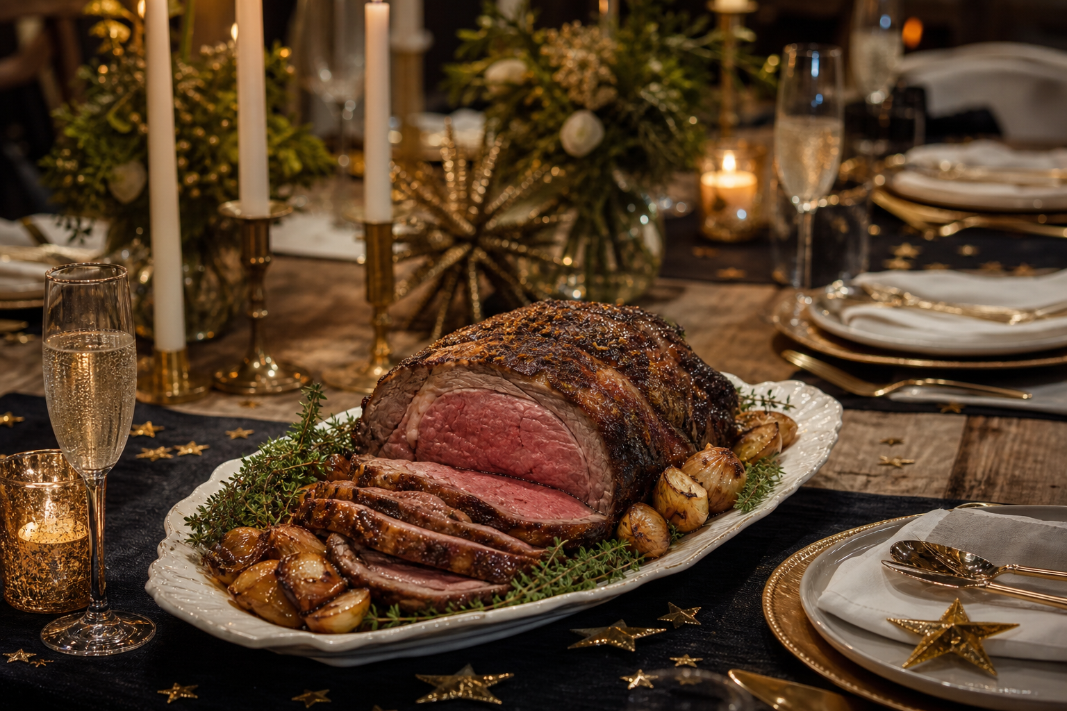 10 Show-Stopping Prime Rib Dinner Ideas 14 Elegant New Year's Eve prime rib dinner on a black and gold table setting with champagne flutes