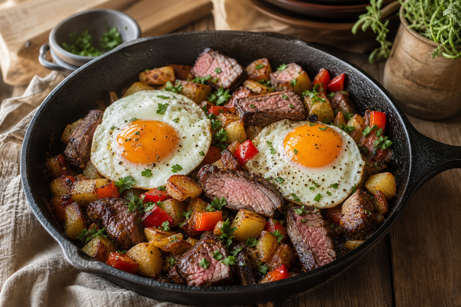 10 Show-Stopping Prime Rib Dinner Ideas 19 Prime rib breakfast hash with crispy potatoes caramelized onions and sunny side up eggs in cast iron skillet