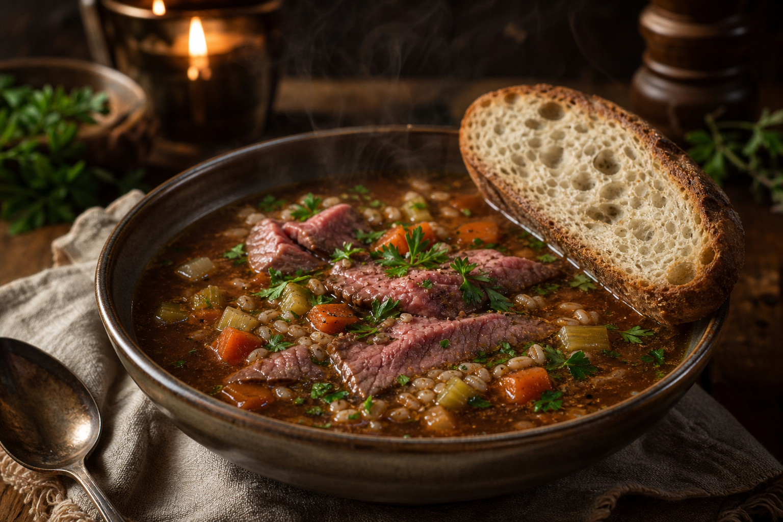 10 Show-Stopping Prime Rib Dinner Ideas 20 Rich prime rib beef and barley soup with root vegetables and sourdough bread in deep bowl