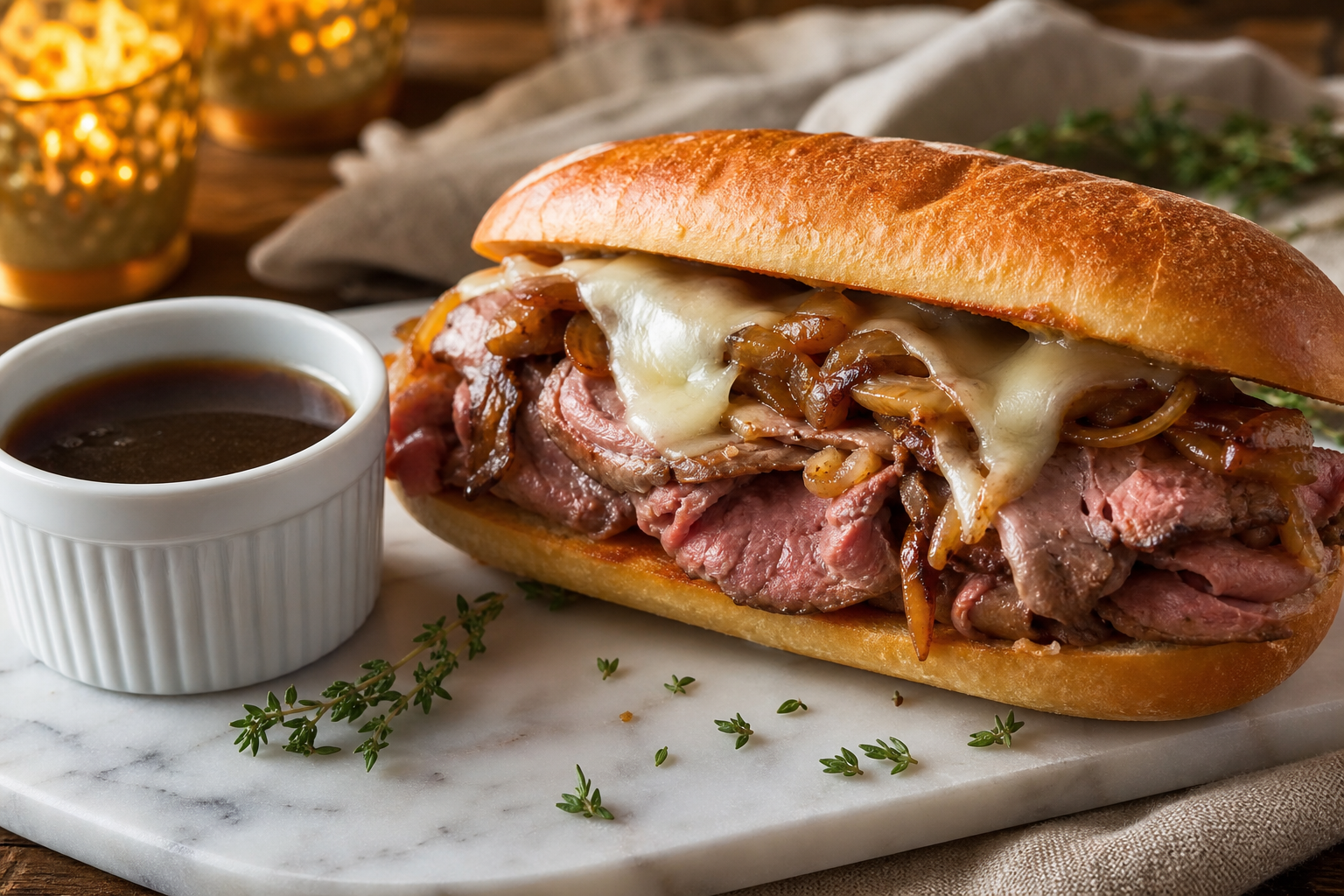 10 Show-Stopping Prime Rib Dinner Ideas 21 Prime rib French dip sandwich with caramelized onions melted provolone and au jus dipping sauce on marble board
