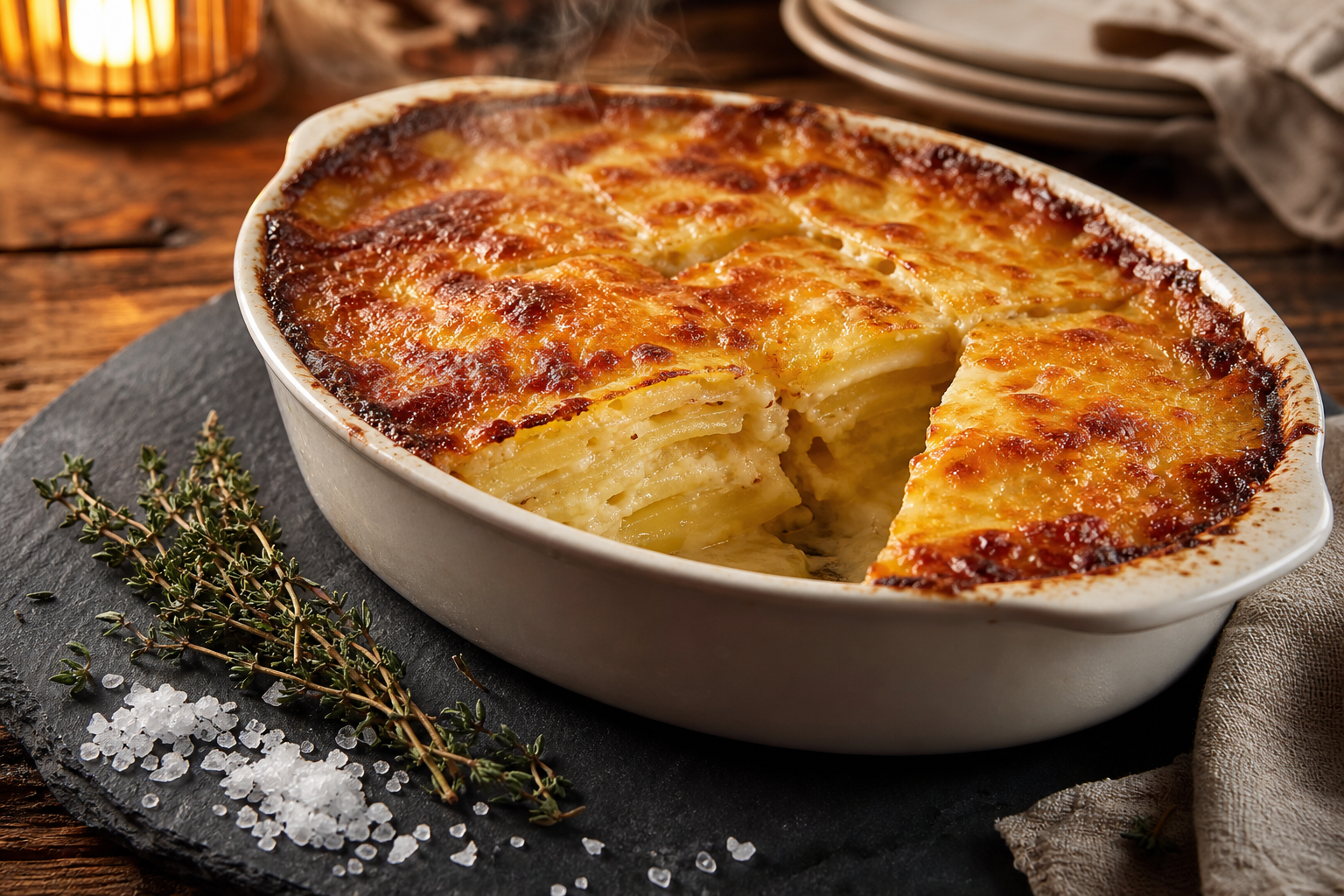 10 Show-Stopping Prime Rib Dinner Ideas 15 Golden bubbling cheesy potato gratin with crispy top in white baking dish on dark slate