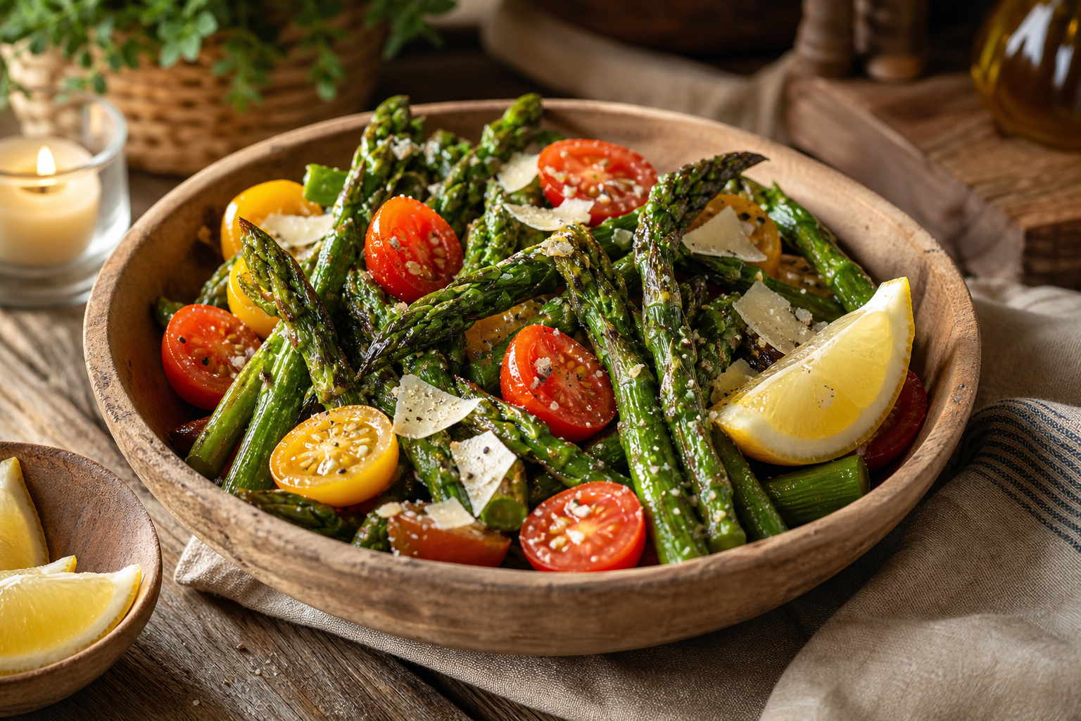 10 Show-Stopping Prime Rib Dinner Ideas 16 Roasted asparagus and cherry tomato salad with shaved Parmesan and lemon vinaigrette in wooden bowl