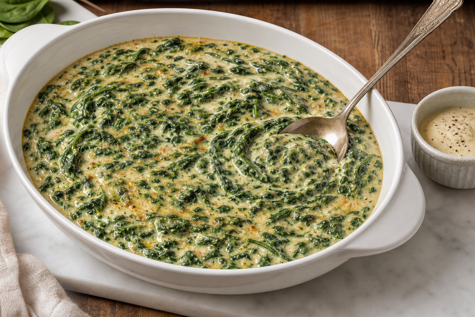 10 Show-Stopping Prime Rib Dinner Ideas 17 Creamy broiled creamed spinach in white serving bowl with silver spoon on marble surface