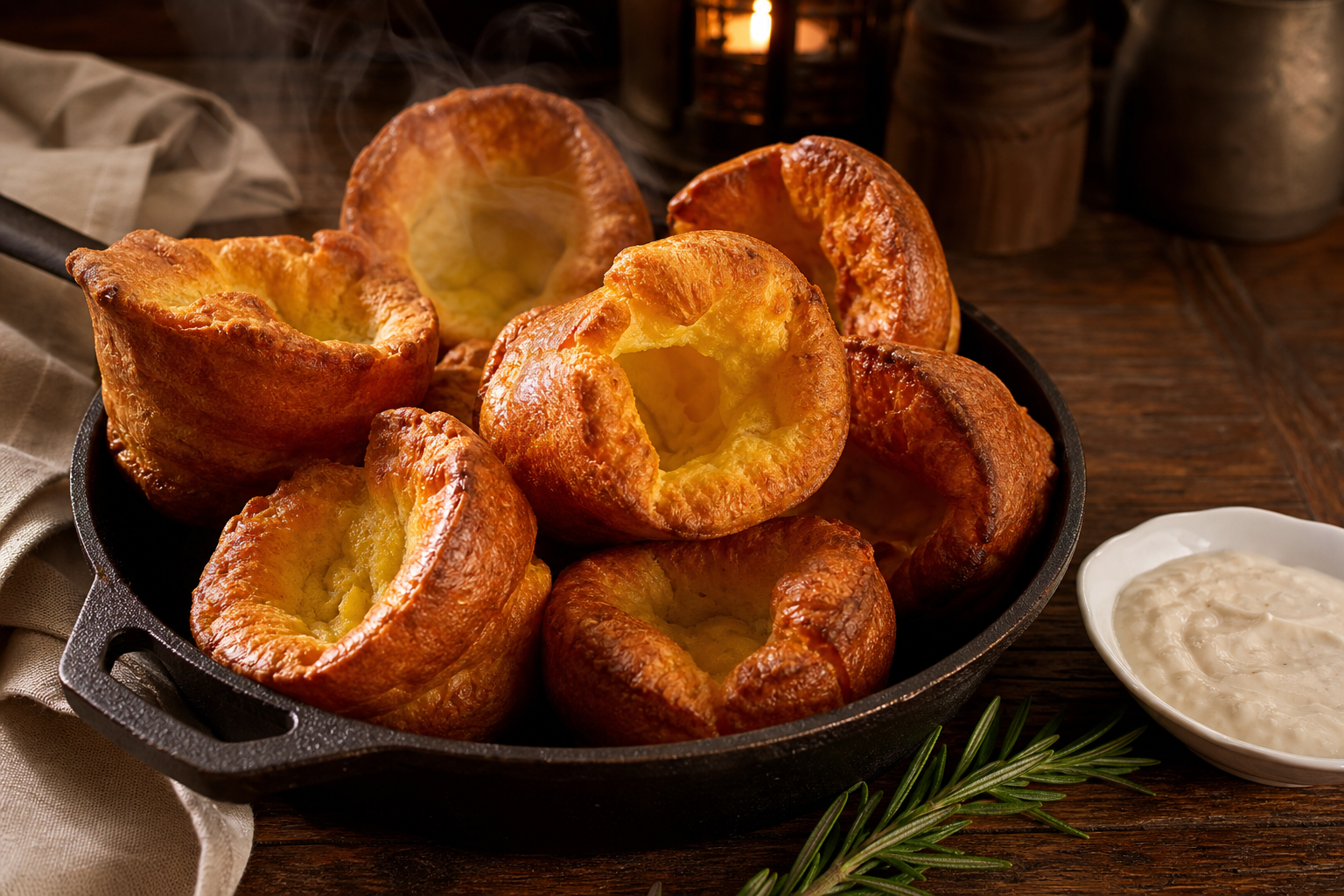 10 Show-Stopping Prime Rib Dinner Ideas 18 Golden puffed Yorkshire pudding popovers in cast iron skillet with horseradish cream on wood surface