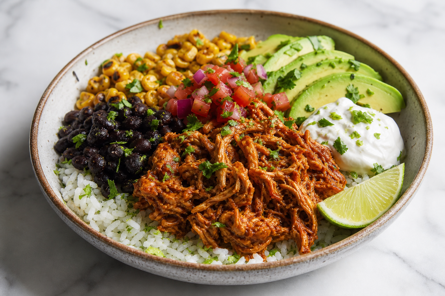 Pulled chicken burrito bowl with rice, black beans, avocado, and pico de gallo