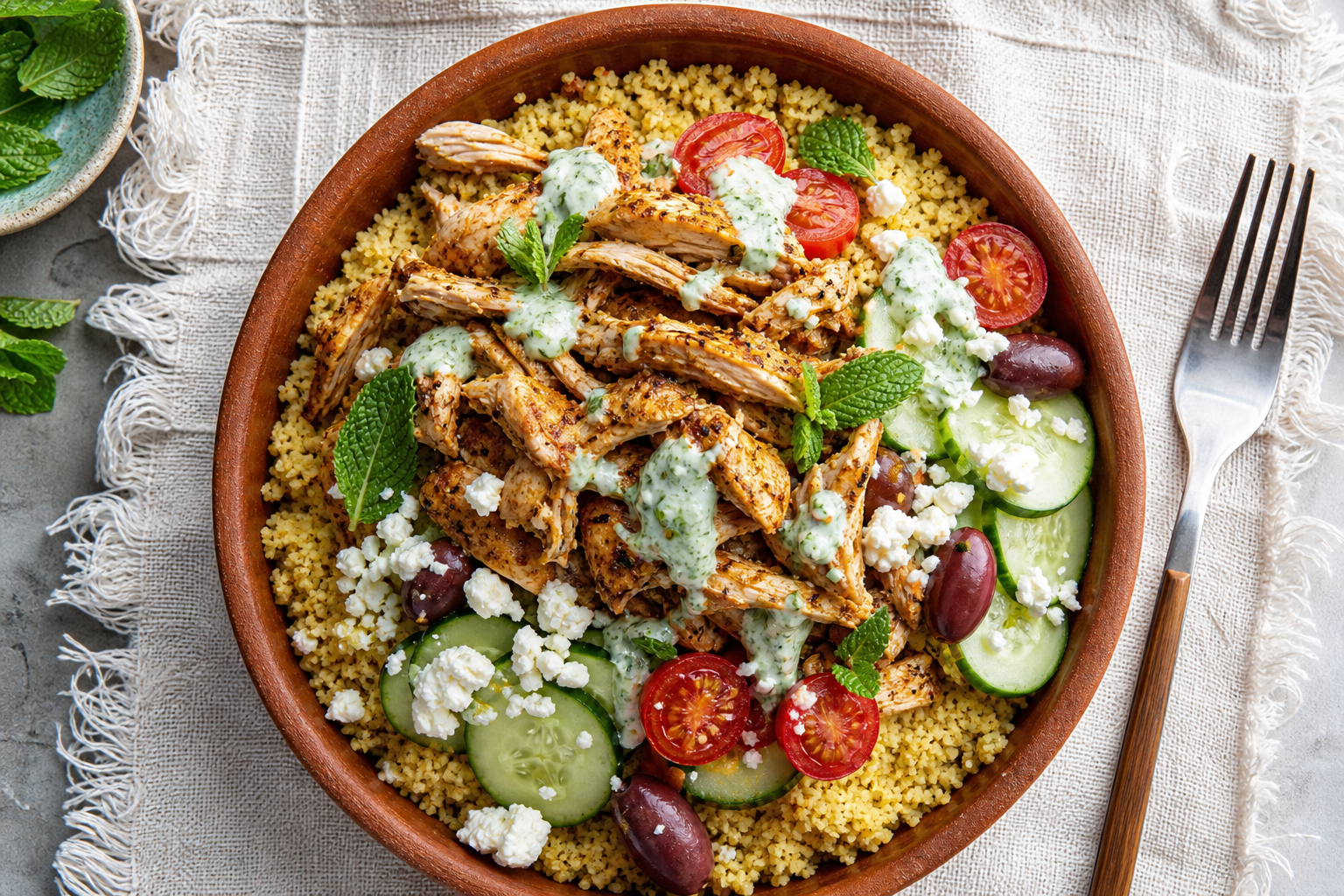 Mediterranean pulled chicken bowl with couscous, feta, cucumber, and tzatziki