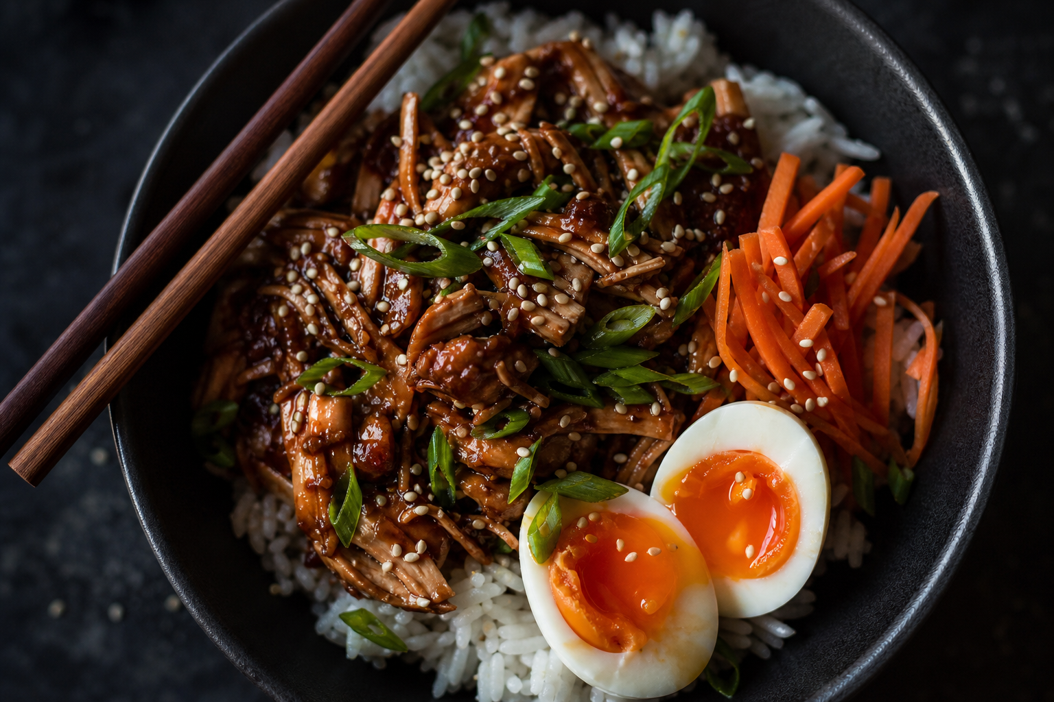 Asian pulled chicken rice bowl with hoisin glaze, soft-boiled egg, and pickled carrots