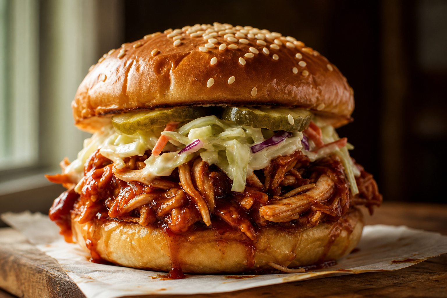 Pulled chicken sandwich on brioche bun with barbecue sauce, coleslaw, and pickles