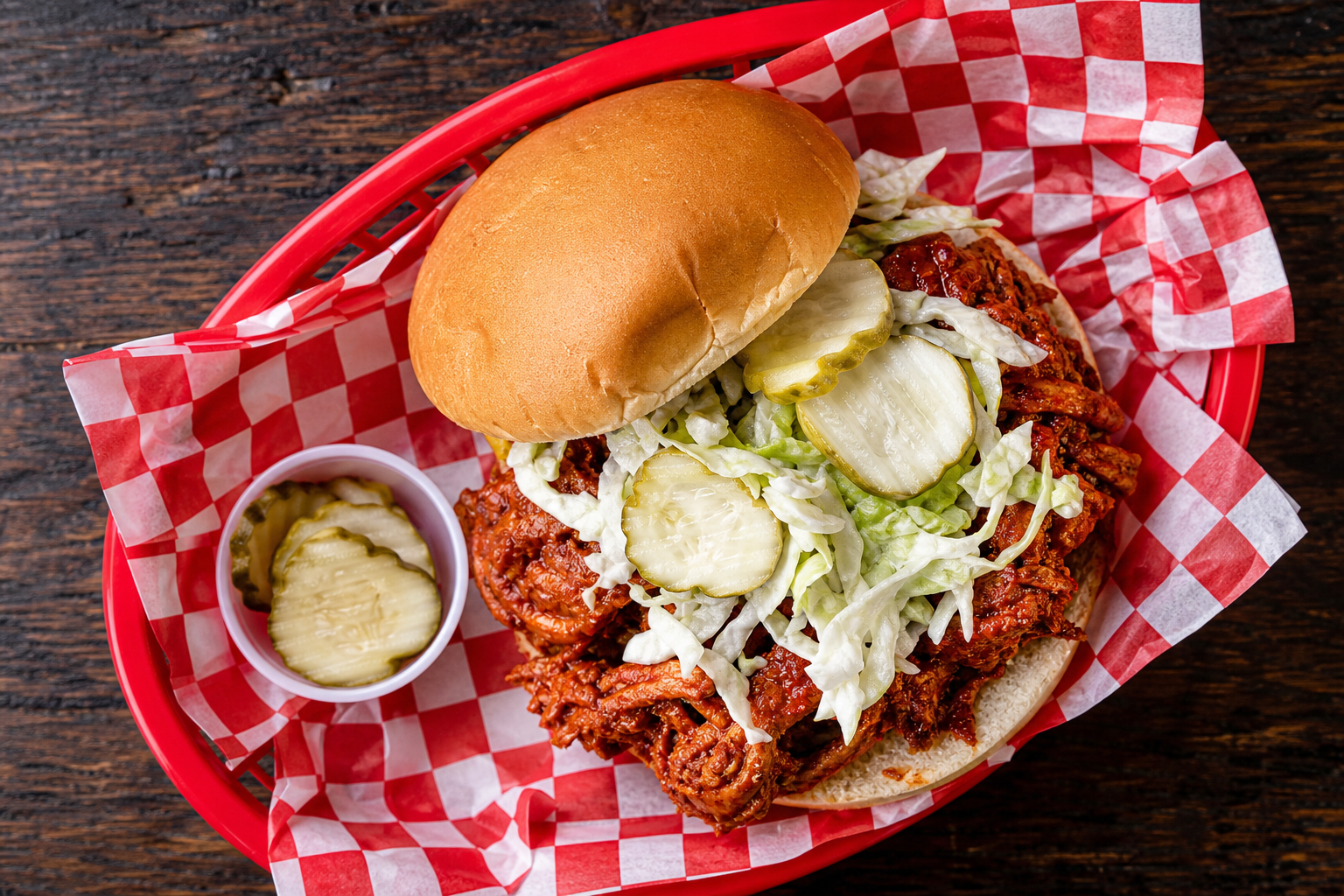 Nashville hot pulled chicken sandwich with spicy red glaze on a potato roll