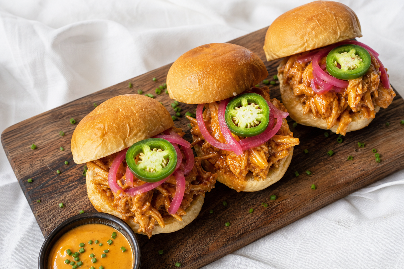 Three pulled chicken sliders with pickled red onion and jalapeño on a wooden board