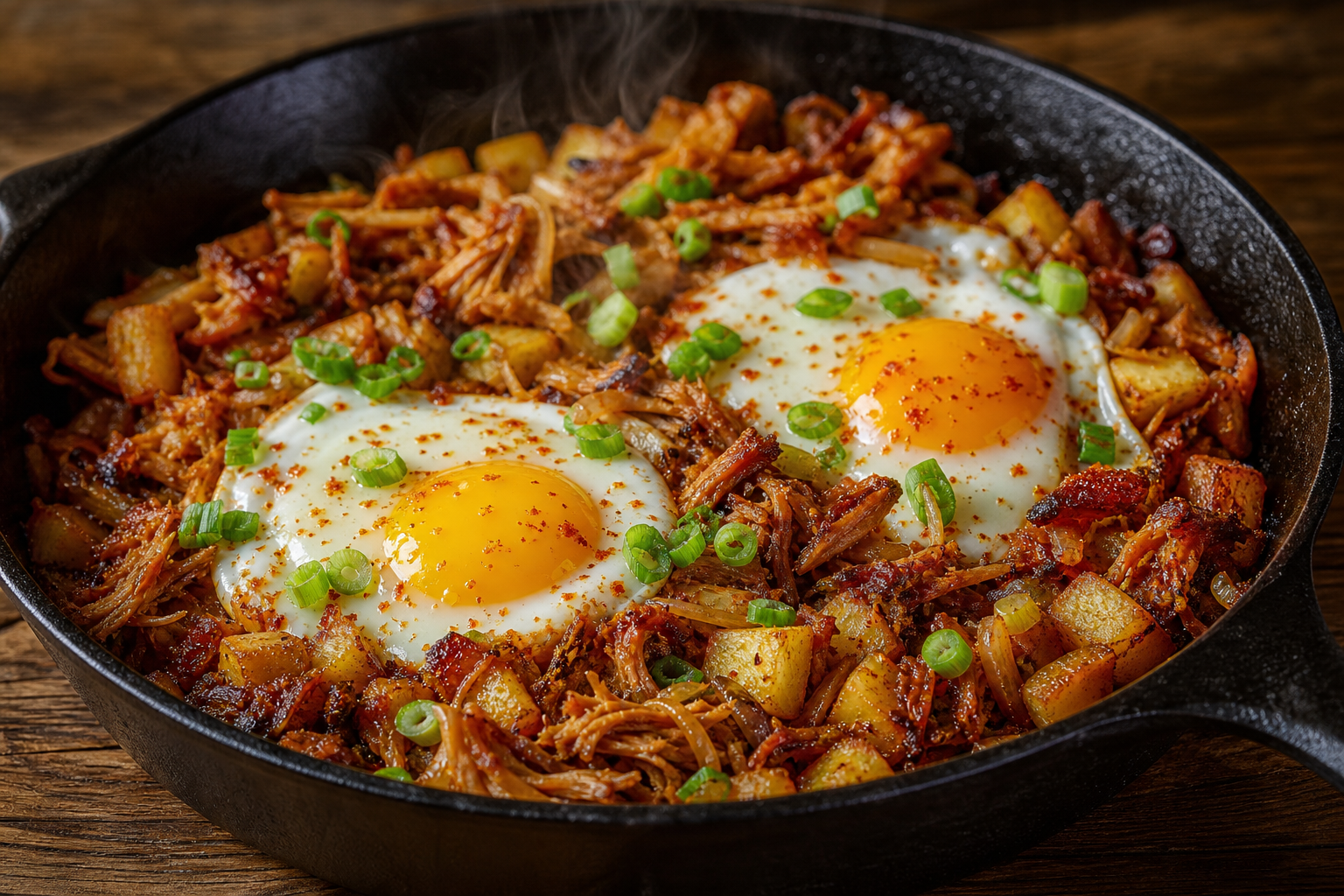 Pulled chicken breakfast hash in cast iron skillet with crispy potatoes and sunny side up eggs