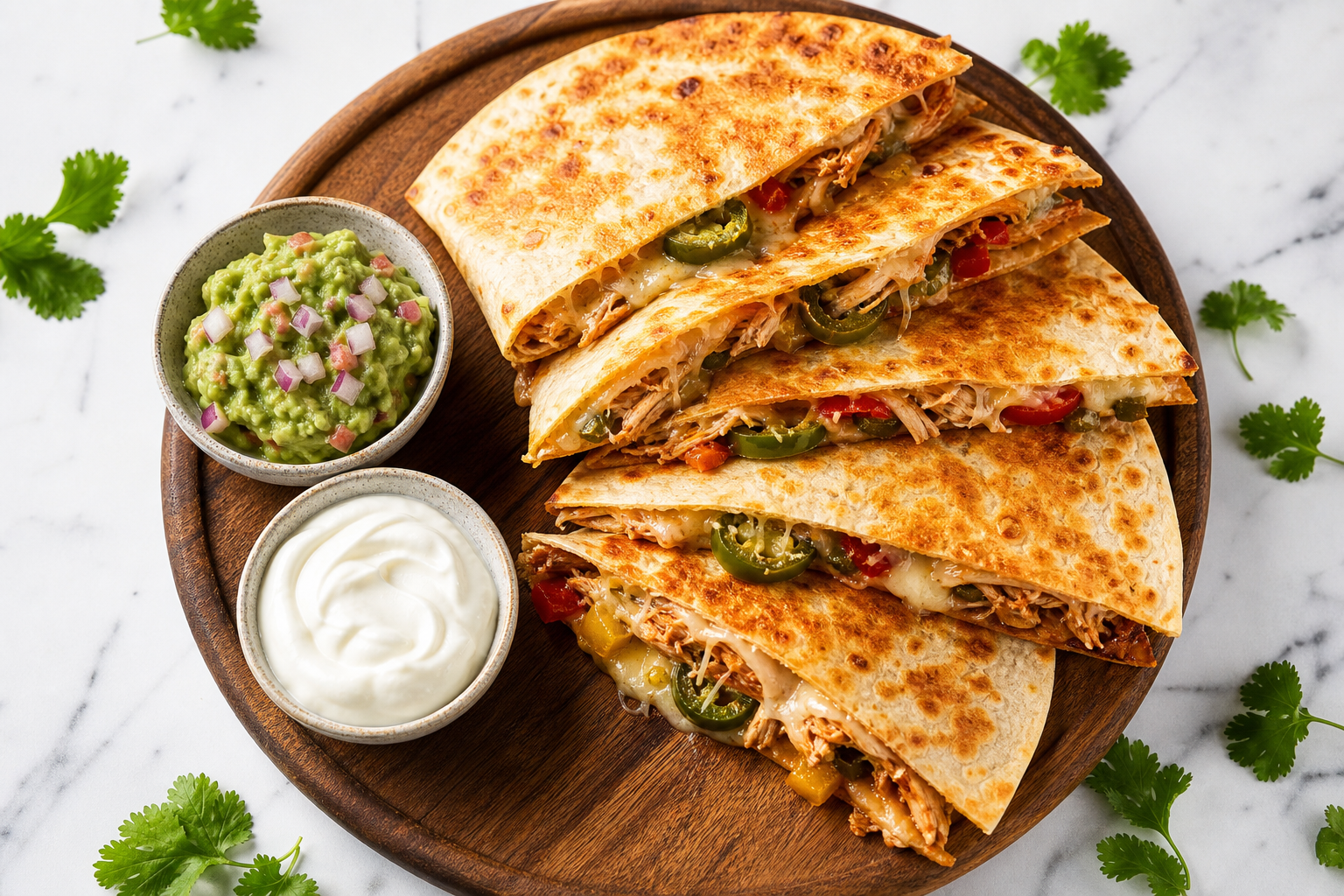 Crispy pulled chicken quesadilla wedges with melted cheese on a wooden serving board
