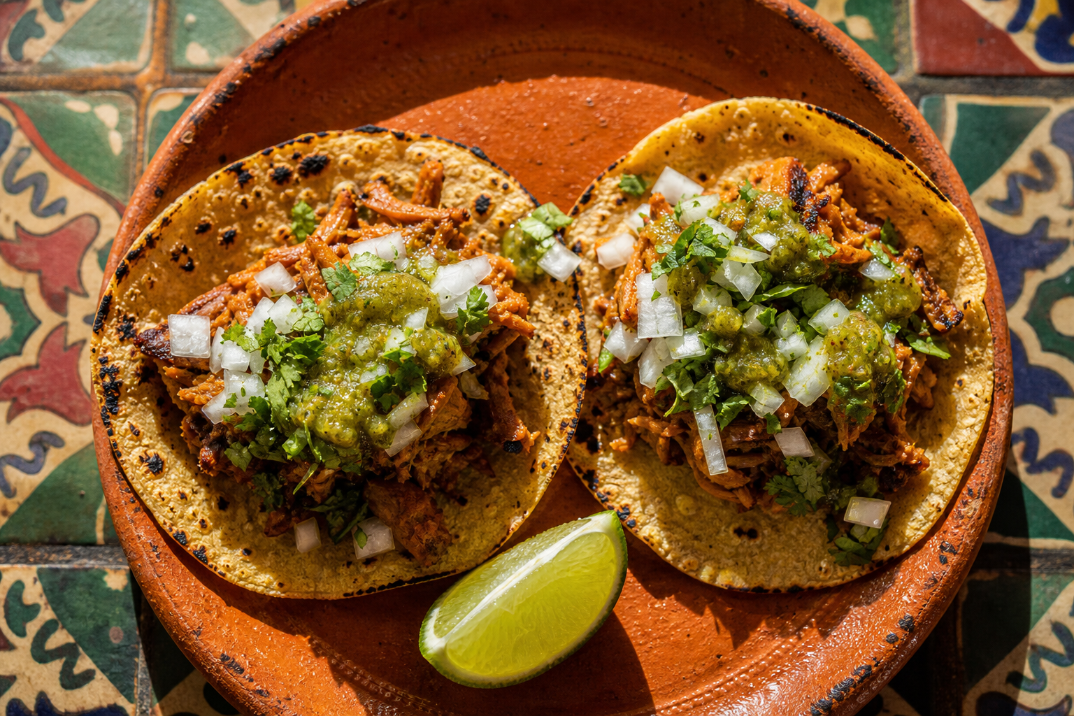 Two pulled chicken street tacos on corn tortillas with salsa verde and cilantro