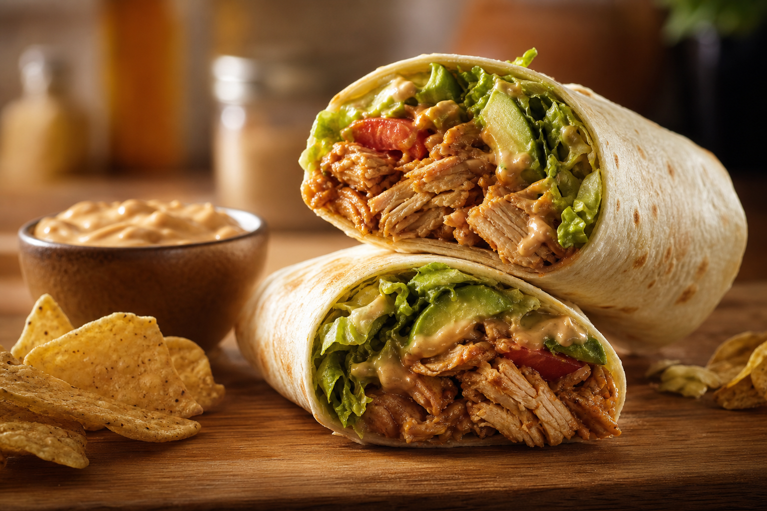 Sliced pulled chicken wrap with avocado, romaine, and chipotle mayo on a cutting board