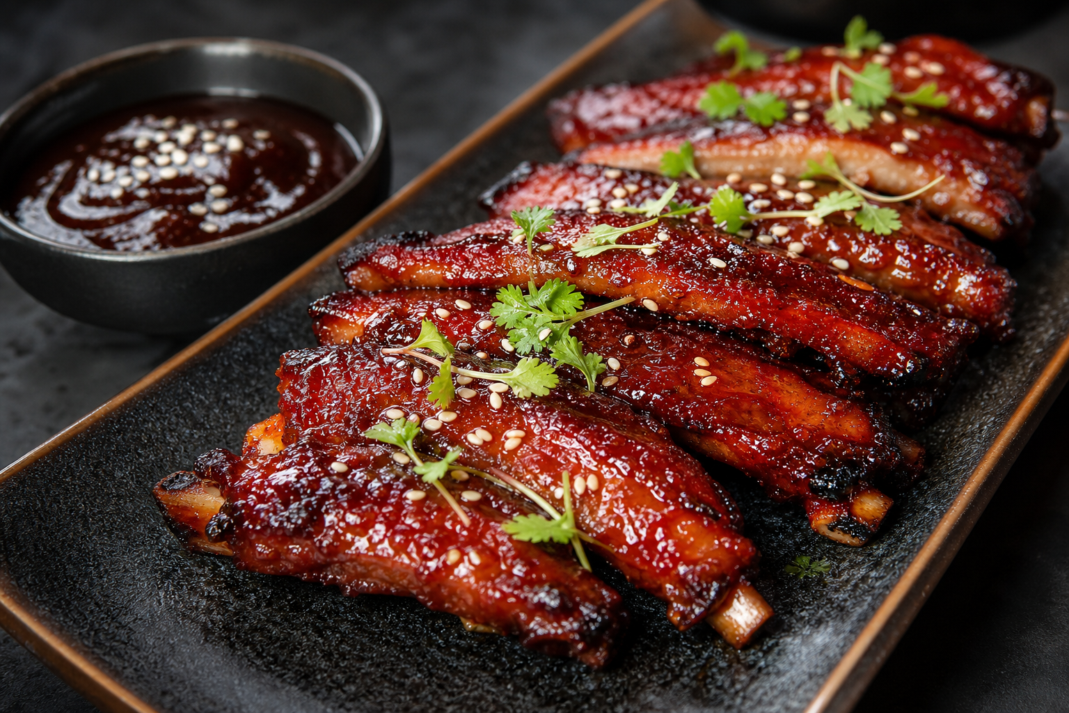 Chinese char siu spare ribs with glossy red lacquer glaze on dark ceramic plate with hoisin sauce
