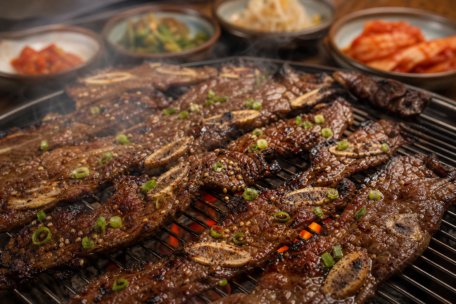 Korean galbi flanken-cut beef short ribs on grill grate with scallions and sesame seeds