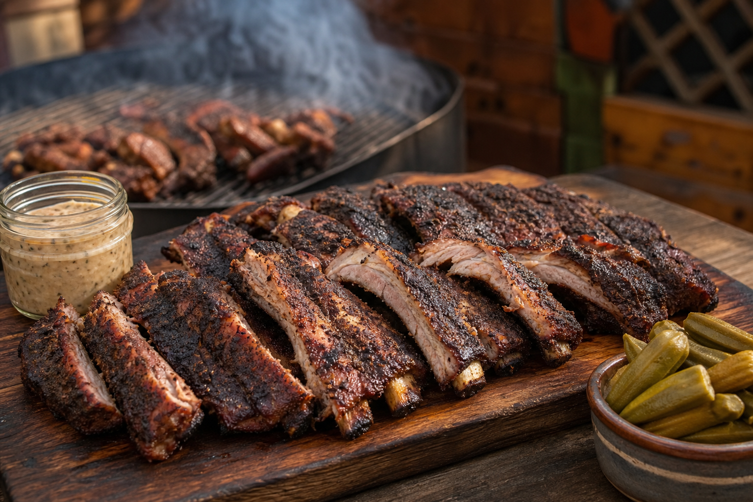 Cajun spiced spare ribs with blackened crust on wooden board with remoulade and pickled okra