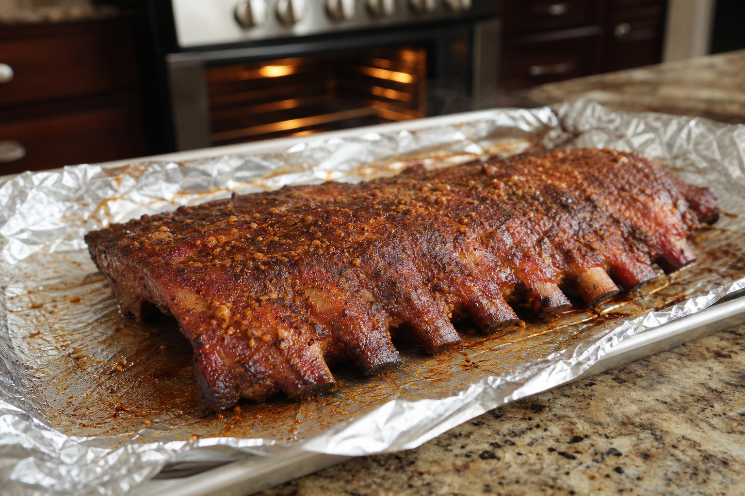 Oven-baked baby back ribs just unwrapped from foil with steam rising on sheet pan