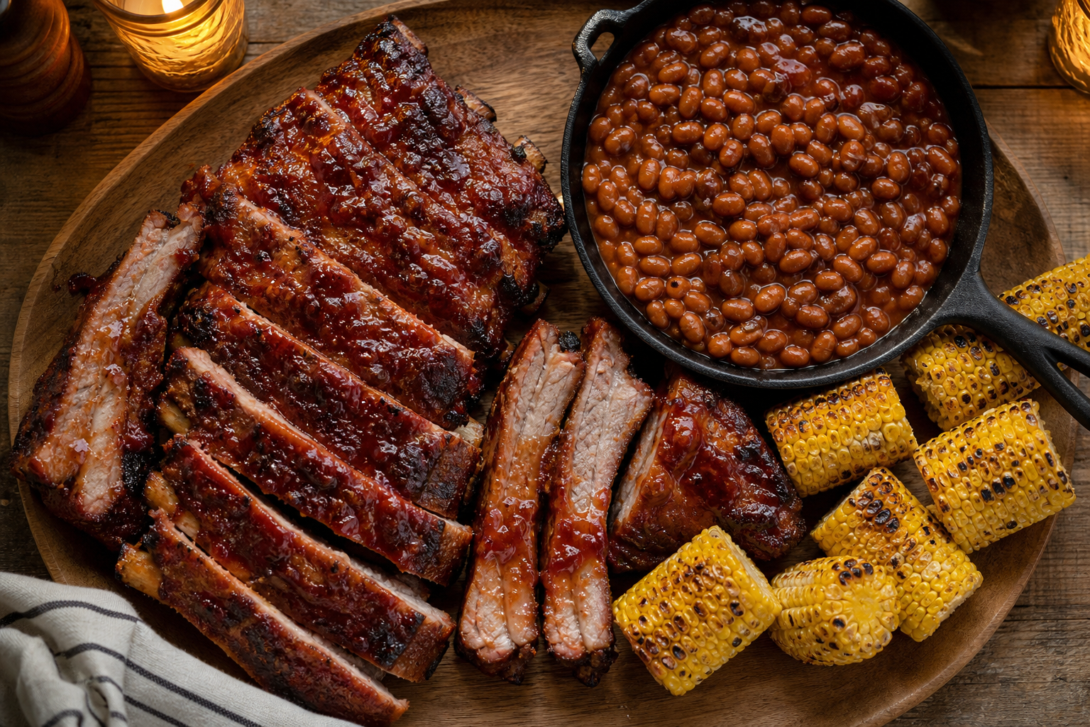 Oven-baked spare ribs with bourbon BBQ sauce on wooden platter with roasted corn and baked beans