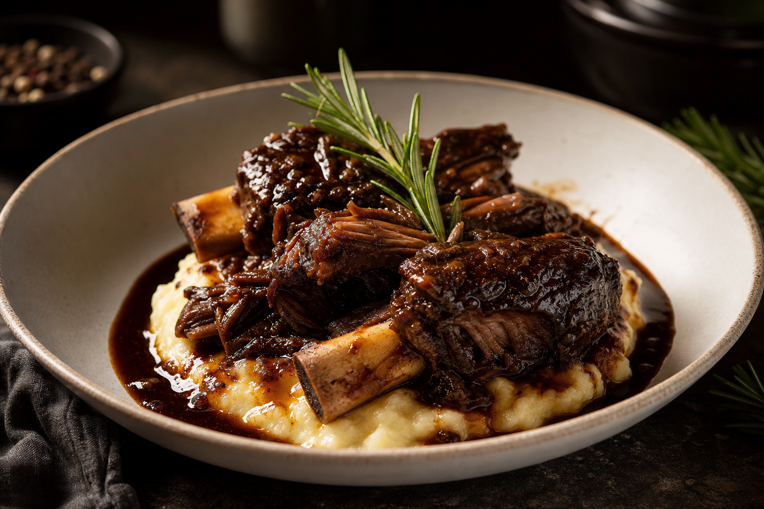 Oven-braised beef short ribs in red wine sauce over creamy mashed potatoes in a white bowl