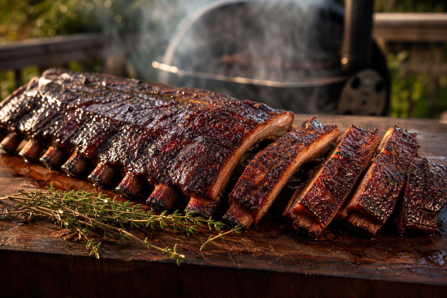 Full rack of smoked baby back ribs with dark bark on a wooden cutting board
