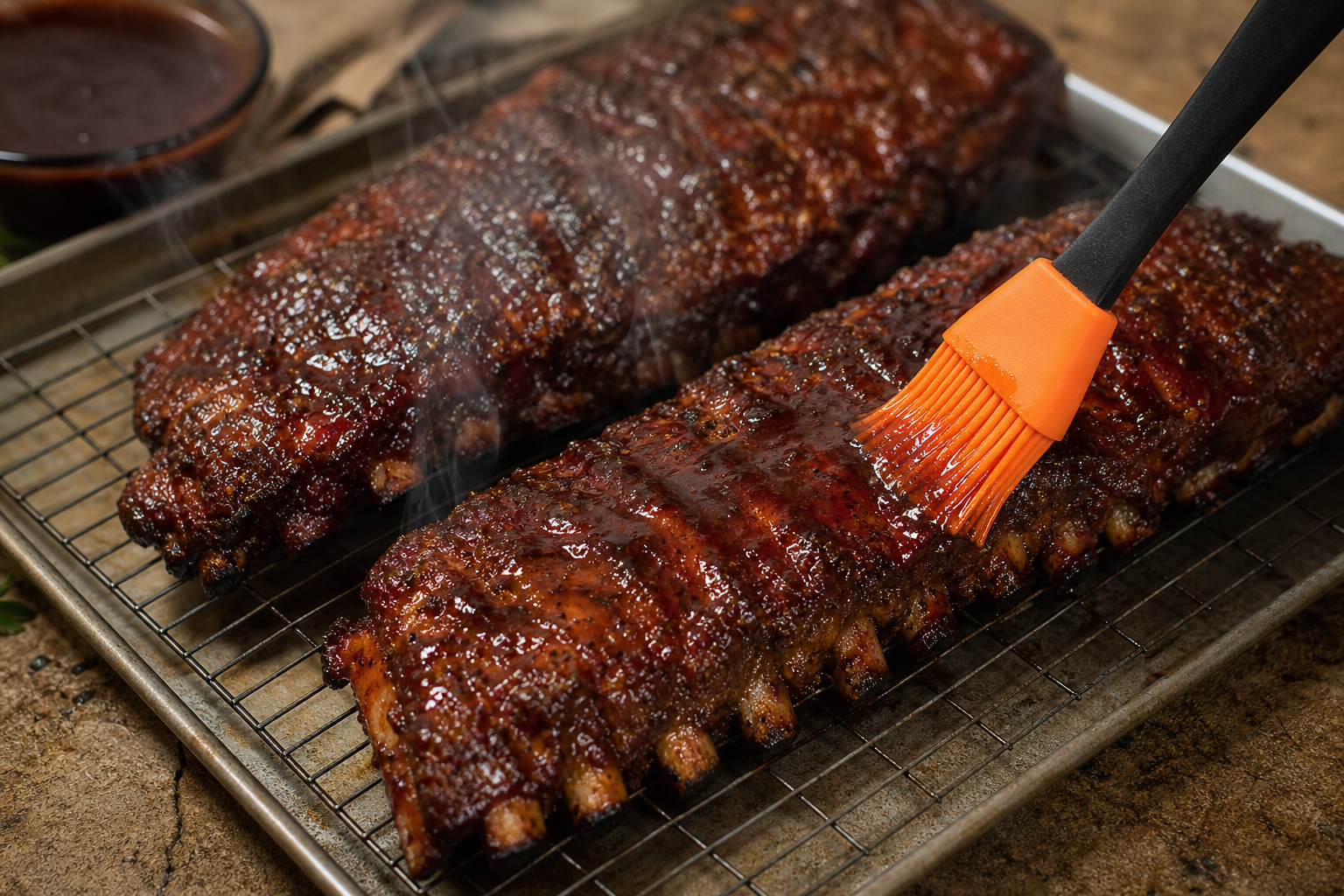 Smoked baby back ribs being basted with amber BBQ sauce on a wire rack