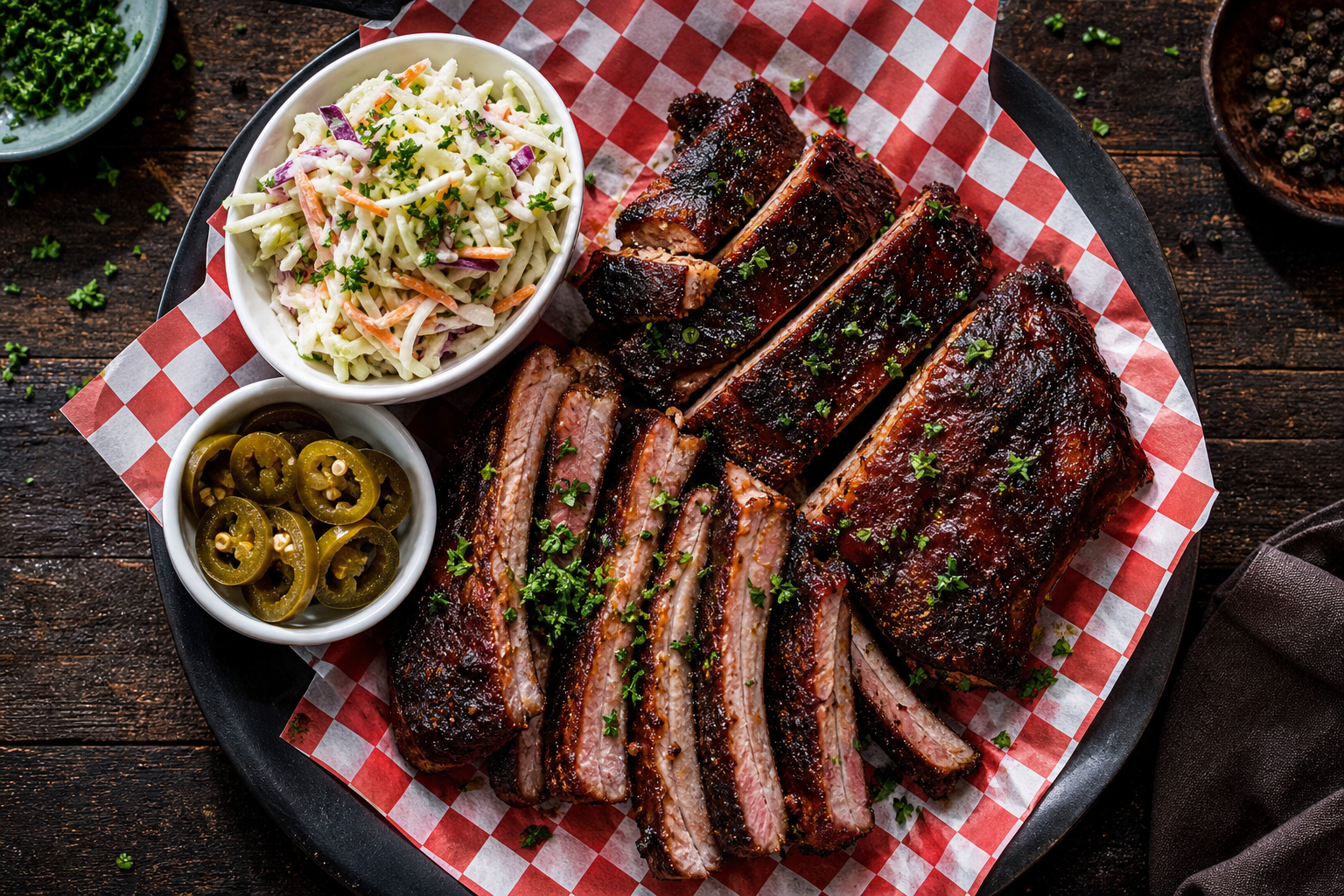 Sliced smoked baby back ribs plated with coleslaw and pickled jalapeños top-down view