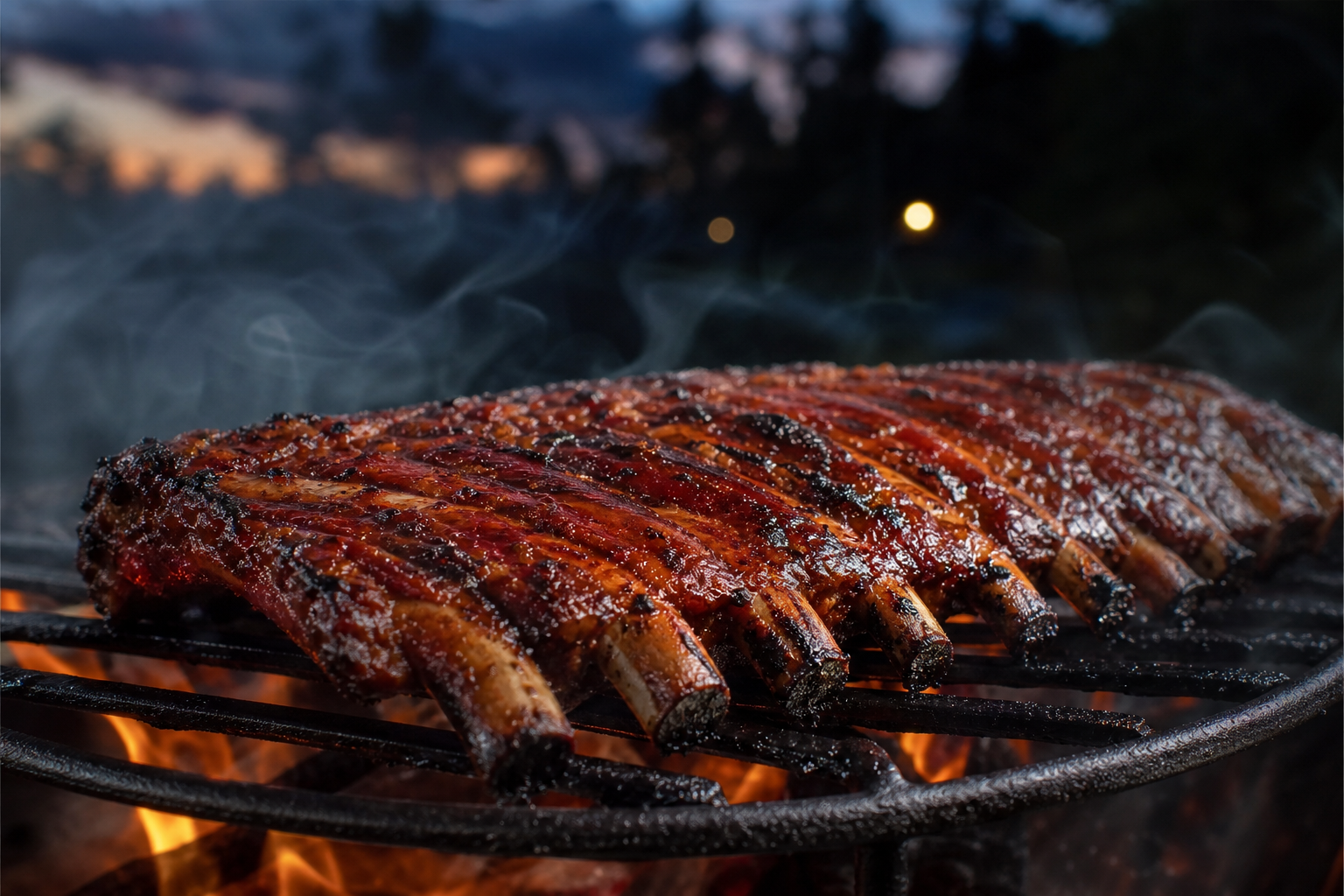 St. Louis spare ribs with sticky red BBQ glaze on a charcoal grill with flames